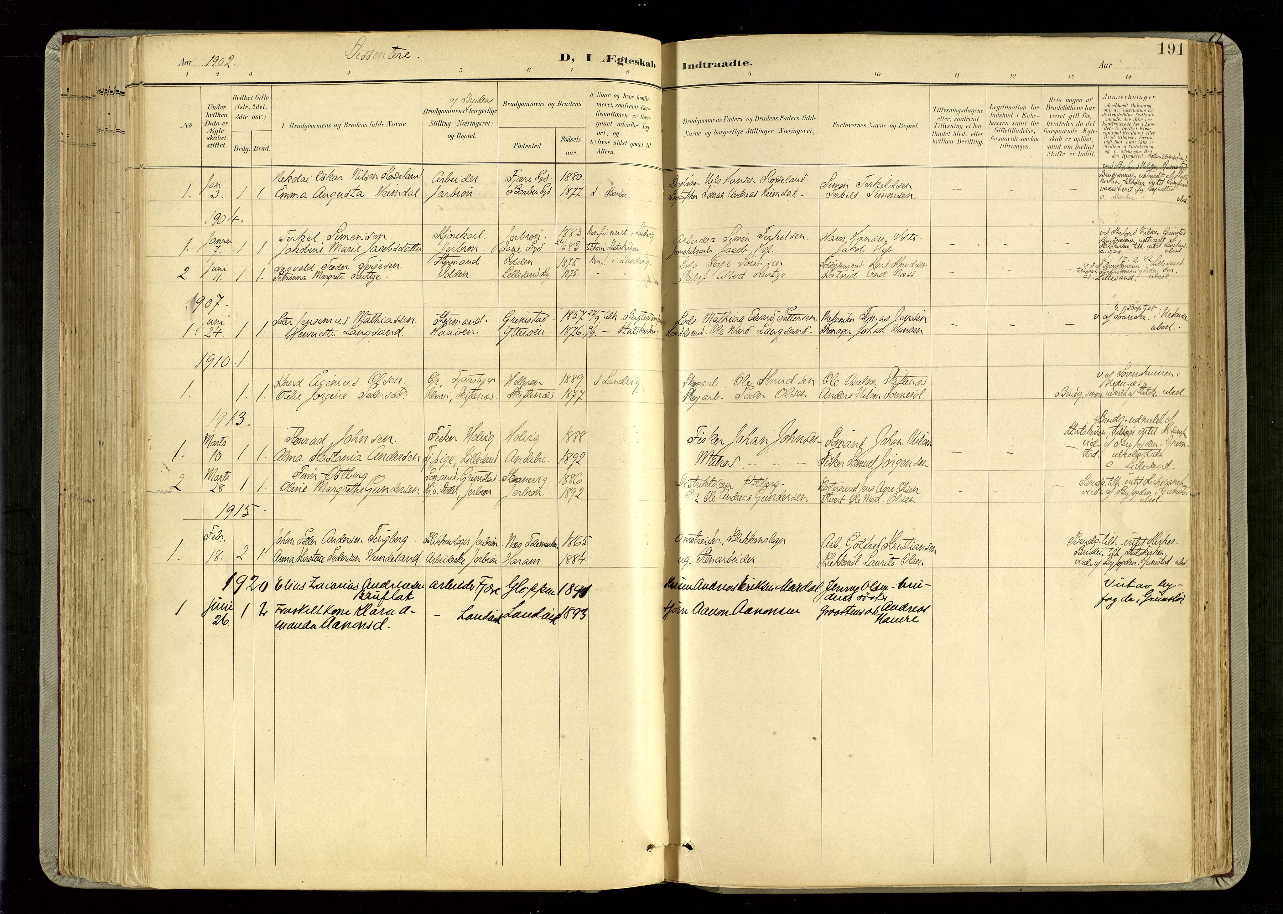 Hommedal sokneprestkontor, SAK/1111-0023/F/Fa/Fab/L0007: Parish register (official) no. A 7, 1898-1924, p. 191