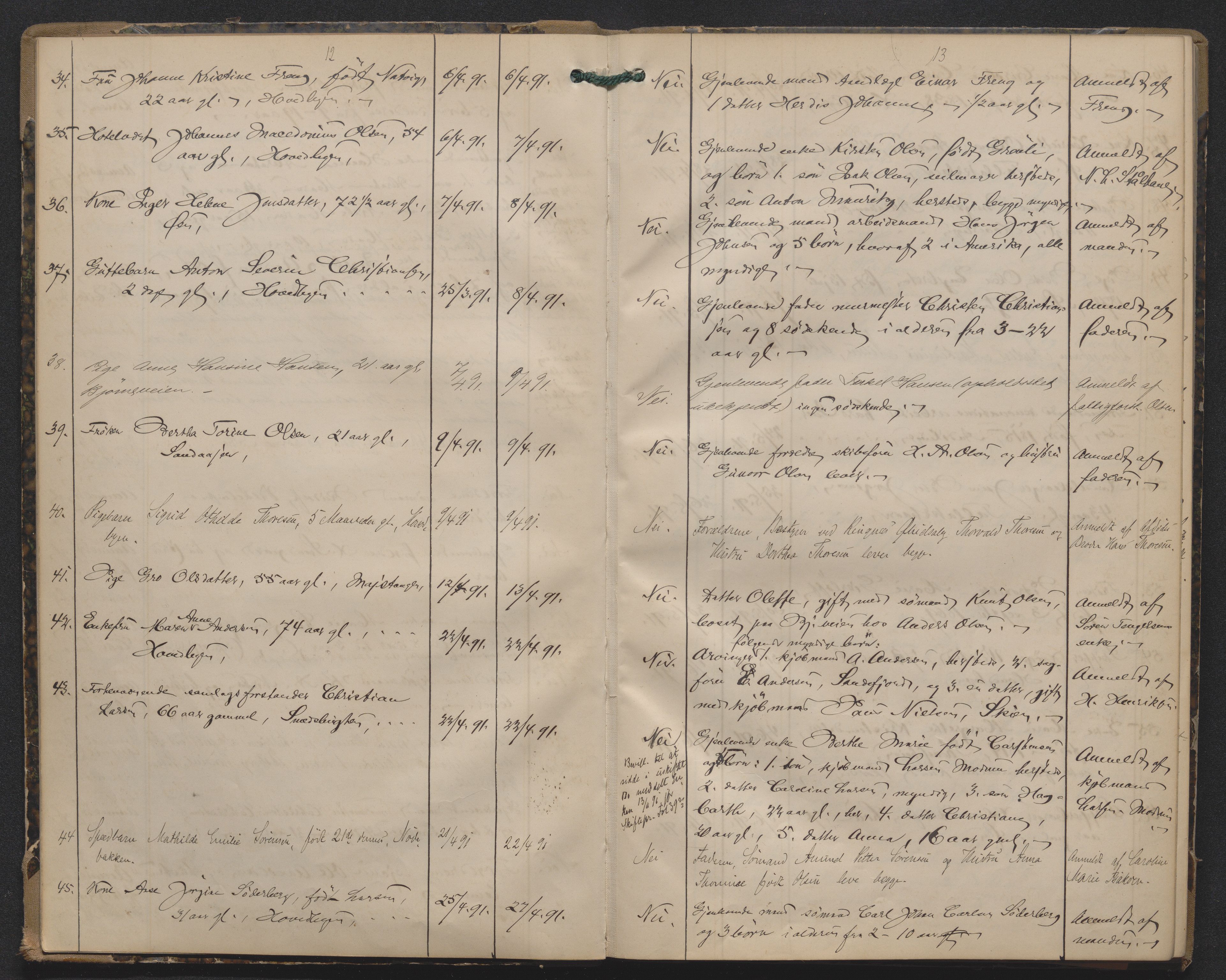 Kragerø sorenskriveri, AV/SAKO-A-65/H/Ha/Haa/L0001: Dødsanmeldelseprotokoll, 1890-1900, p. 12-13