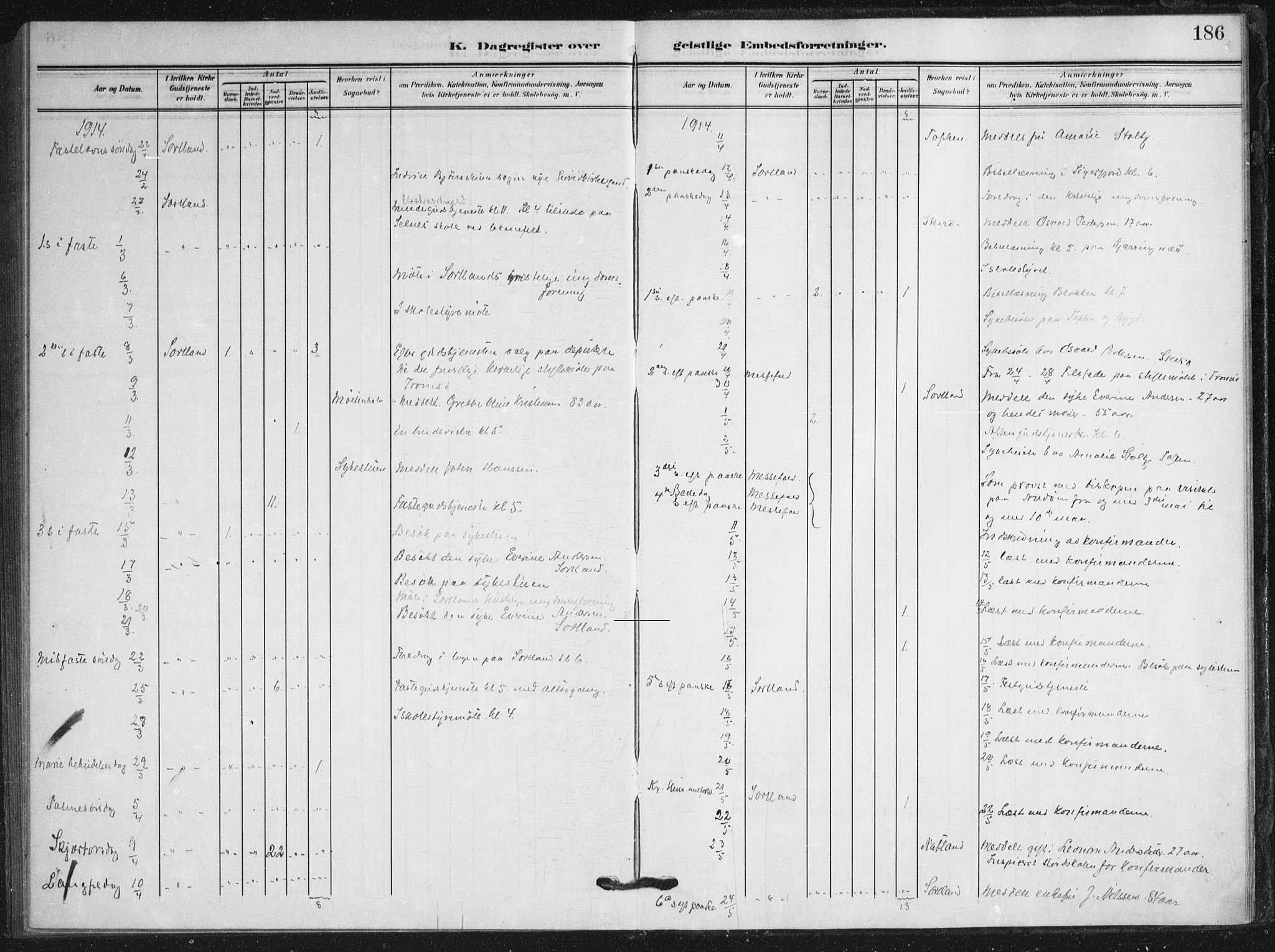 Ministerialprotokoller, klokkerbøker og fødselsregistre - Nordland, AV/SAT-A-1459/895/L1373: Parish register (official) no. 895A08, 1905-1915, p. 186