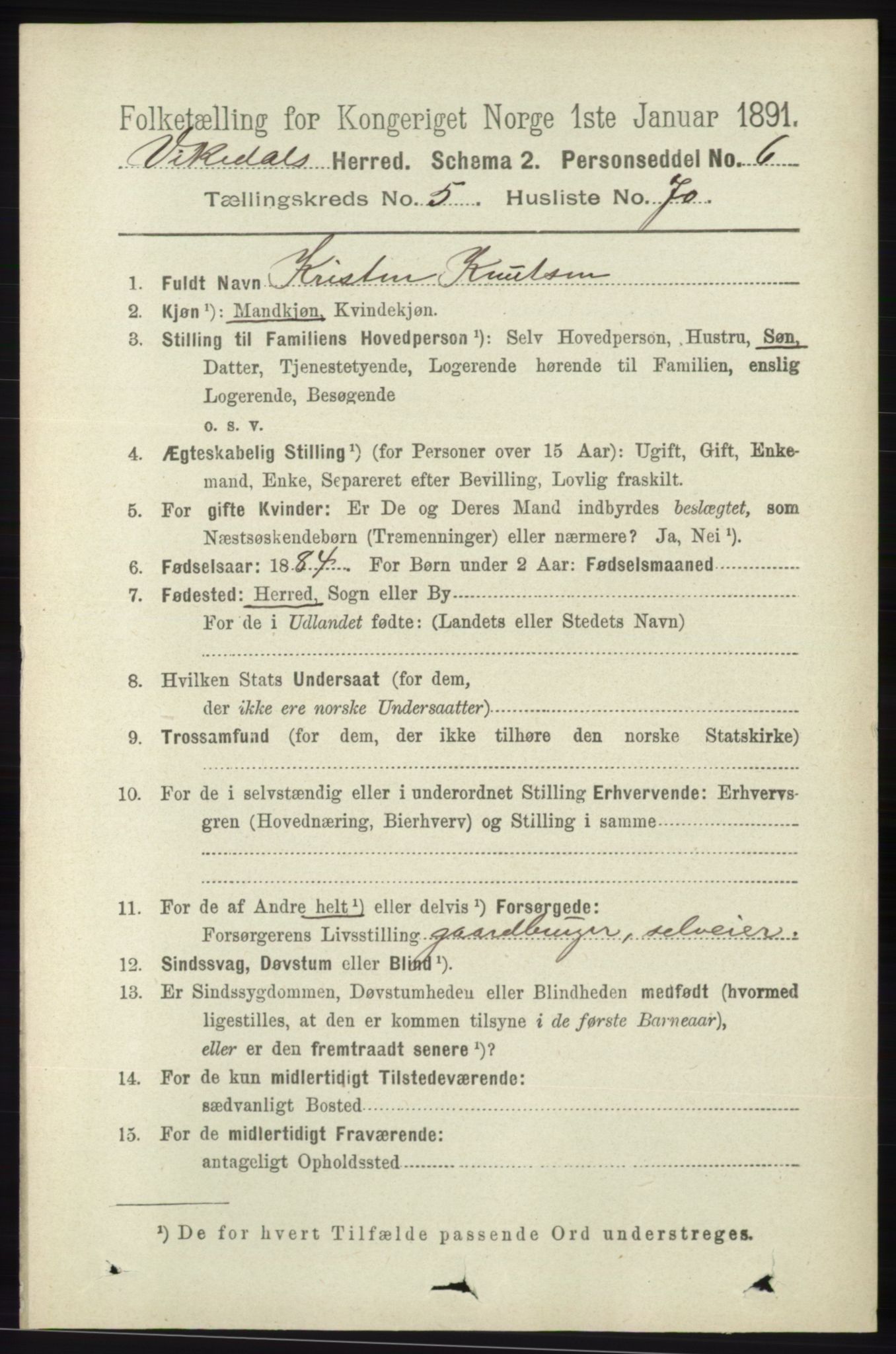 RA, 1891 census for 1157 Vikedal, 1891, p. 1486