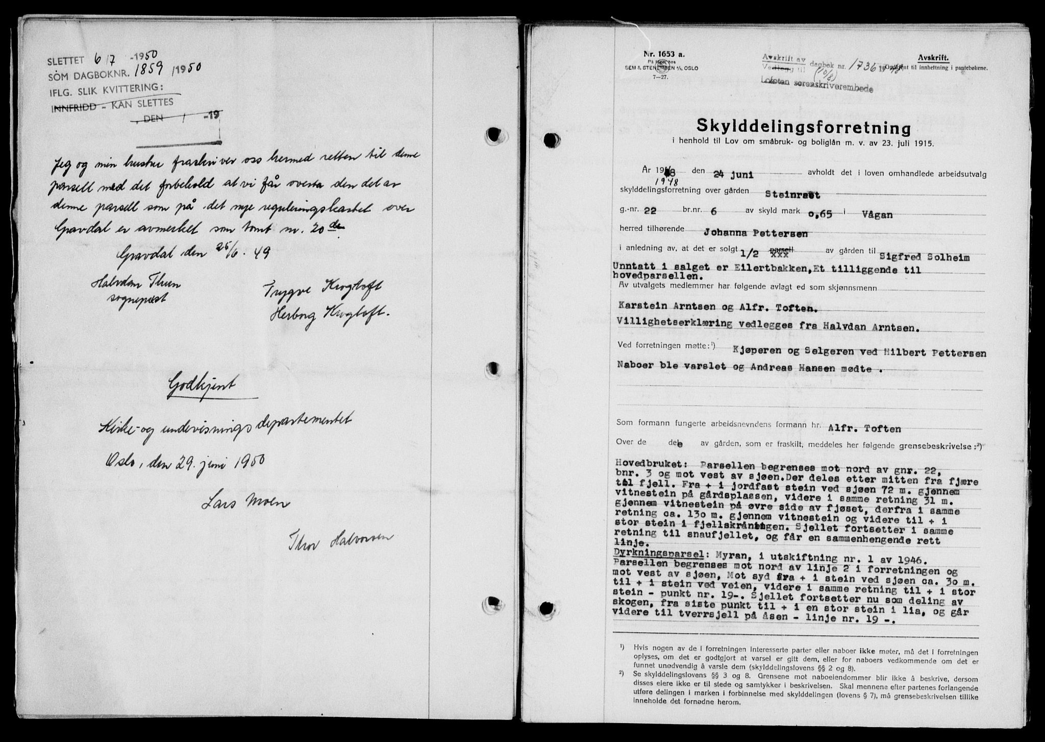 Lofoten sorenskriveri, SAT/A-0017/1/2/2C/L0019a: Mortgage book no. 19a, 1948-1948, Diary no: : 1736/1948