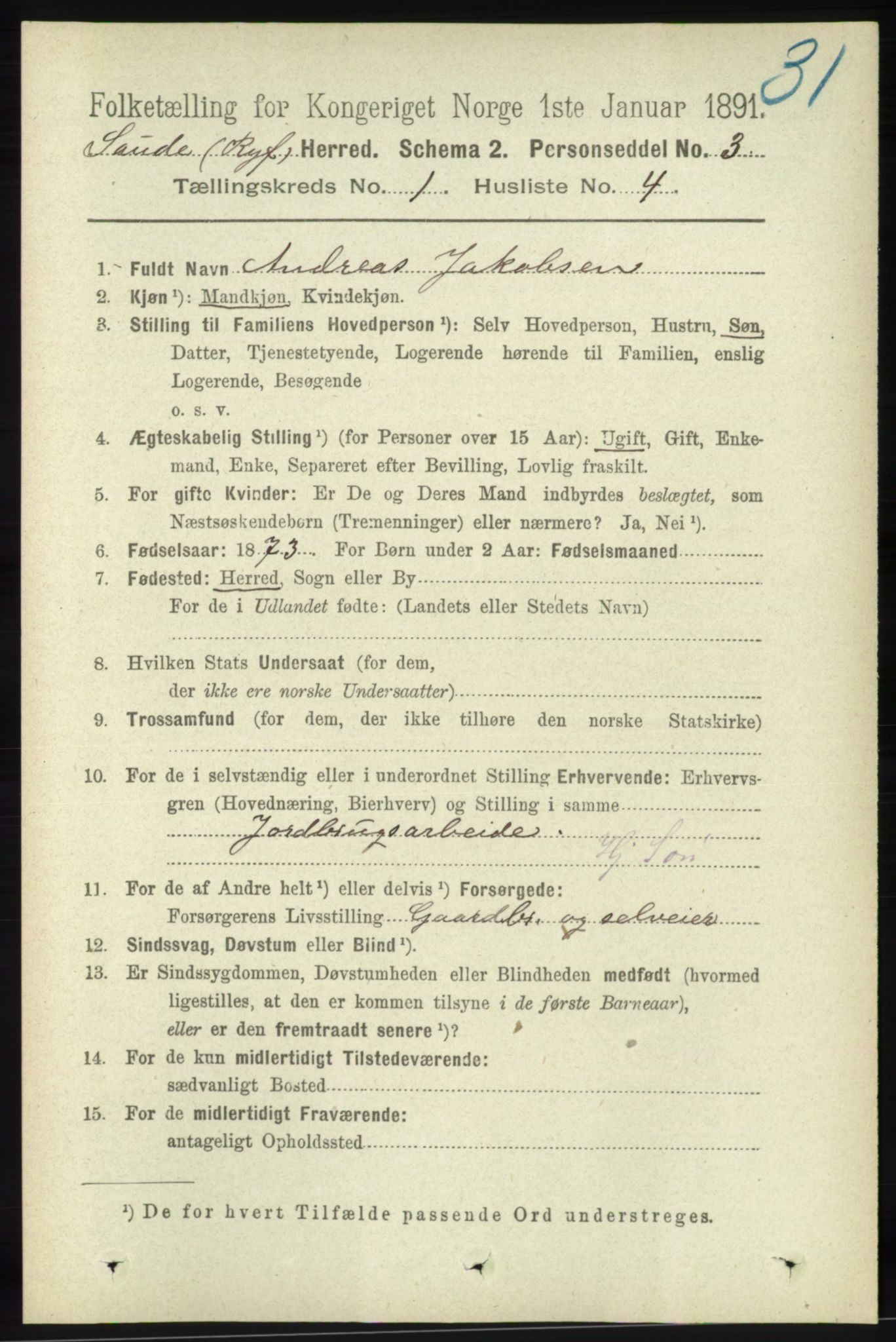 RA, 1891 census for 1135 Sauda, 1891, p. 121