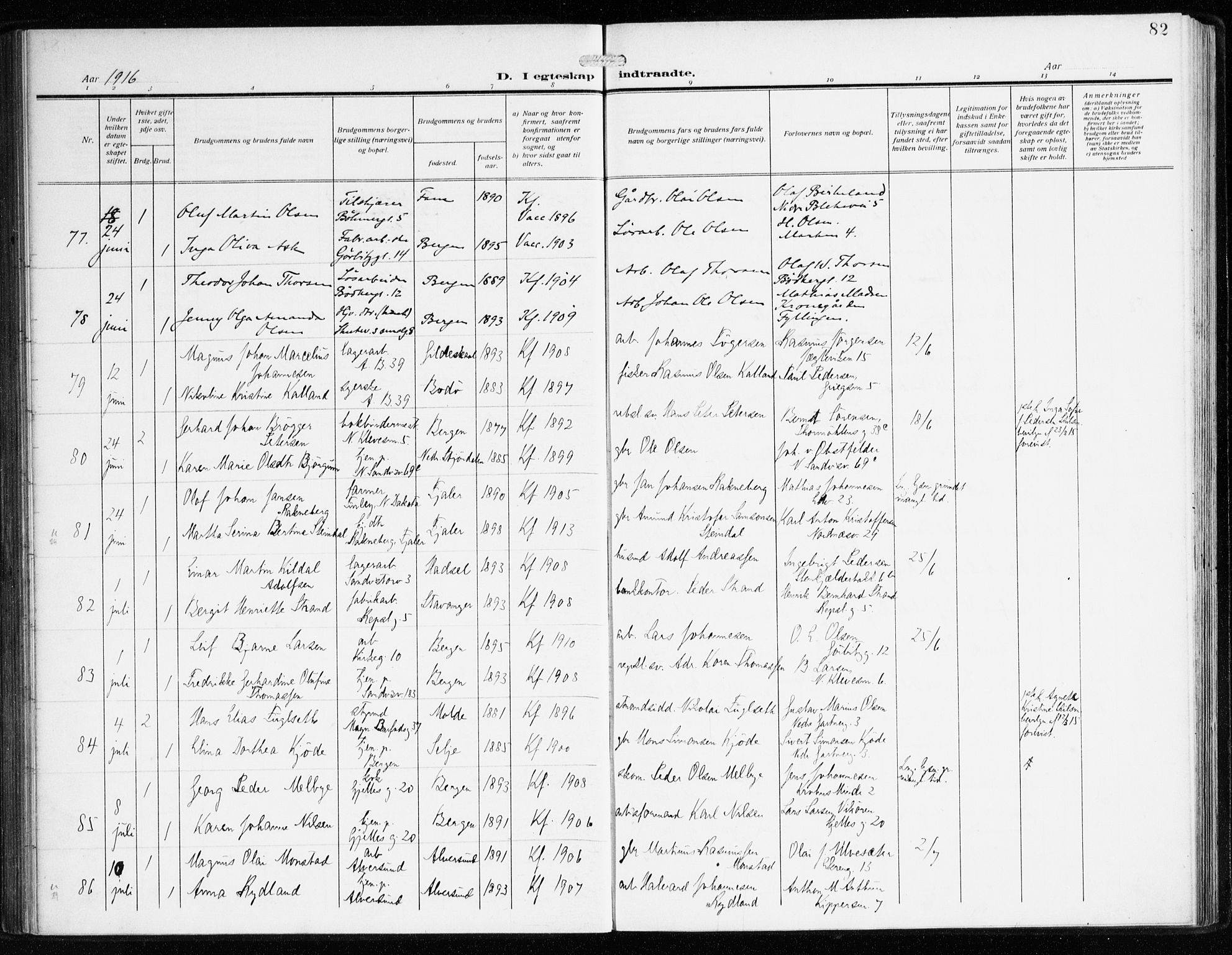 Sandviken Sokneprestembete, AV/SAB-A-77601/H/Ha/L0015: Parish register (official) no. D 2, 1911-1923, p. 82