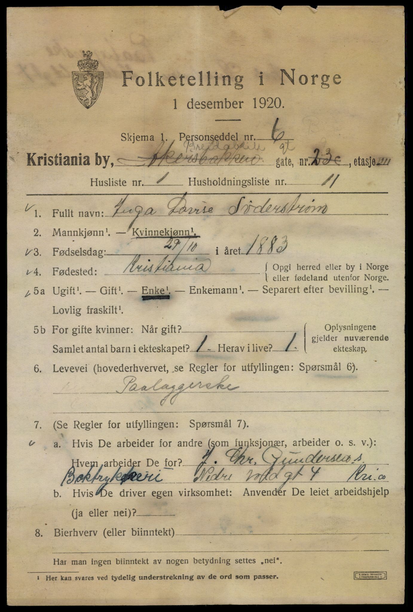 SAO, 1920 census for Kristiania, 1920, p. 171765