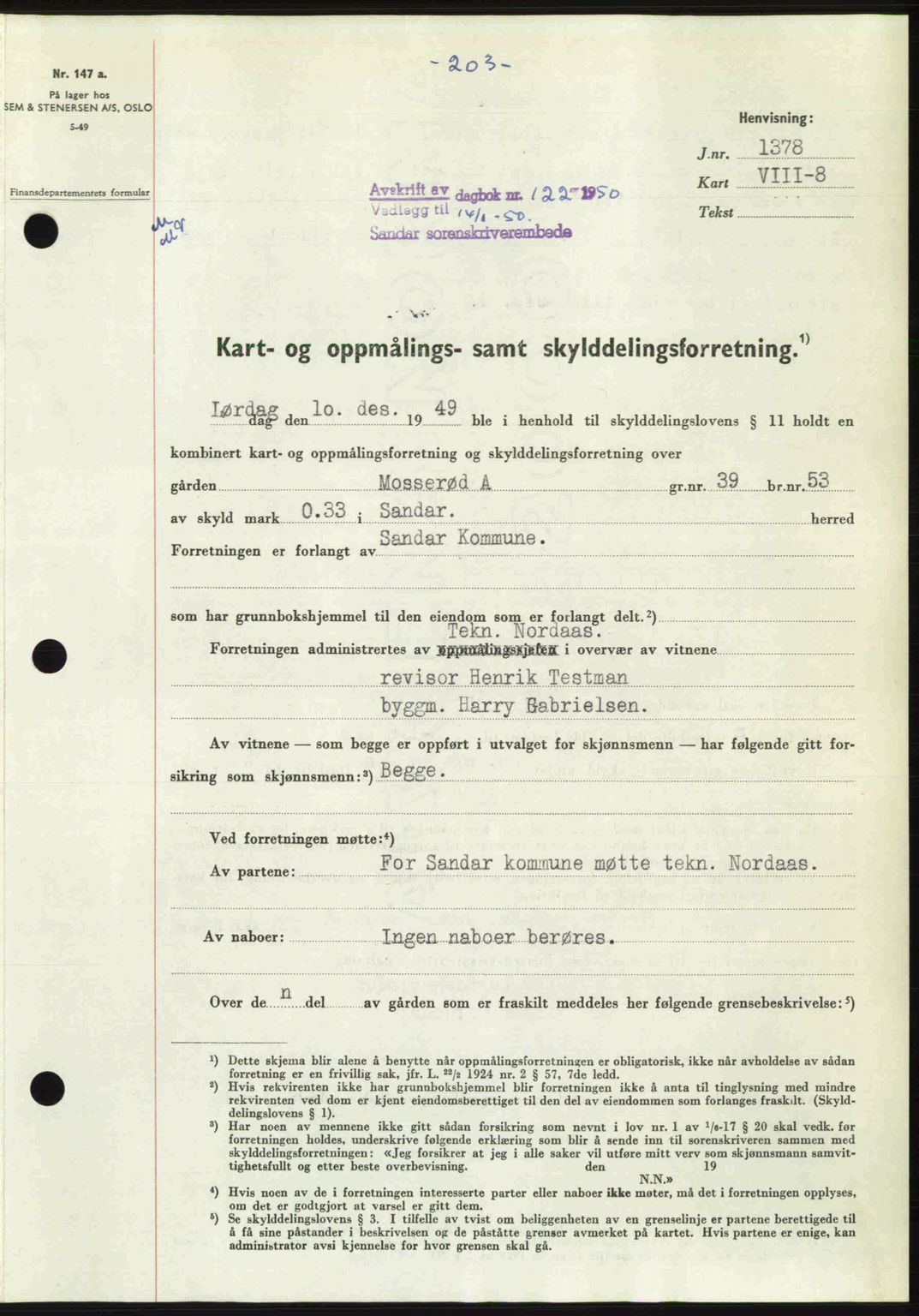 Sandar sorenskriveri, SAKO/A-86/G/Ga/Gaa/L0020: Mortgage book no. A-20, 1949-1950, Diary no: : 122/1950