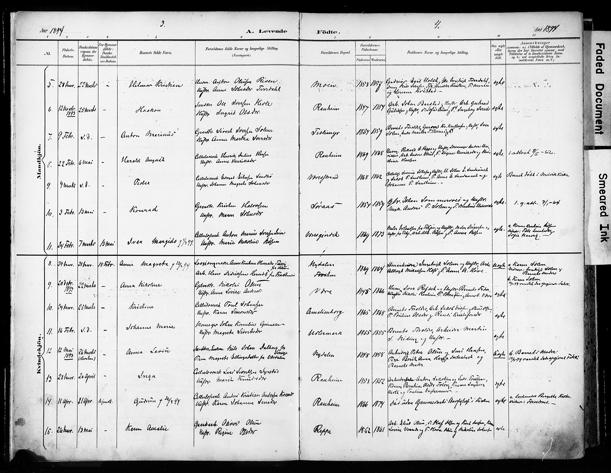 Ministerialprotokoller, klokkerbøker og fødselsregistre - Sør-Trøndelag, AV/SAT-A-1456/606/L0301: Parish register (official) no. 606A16, 1894-1907, p. 3-4