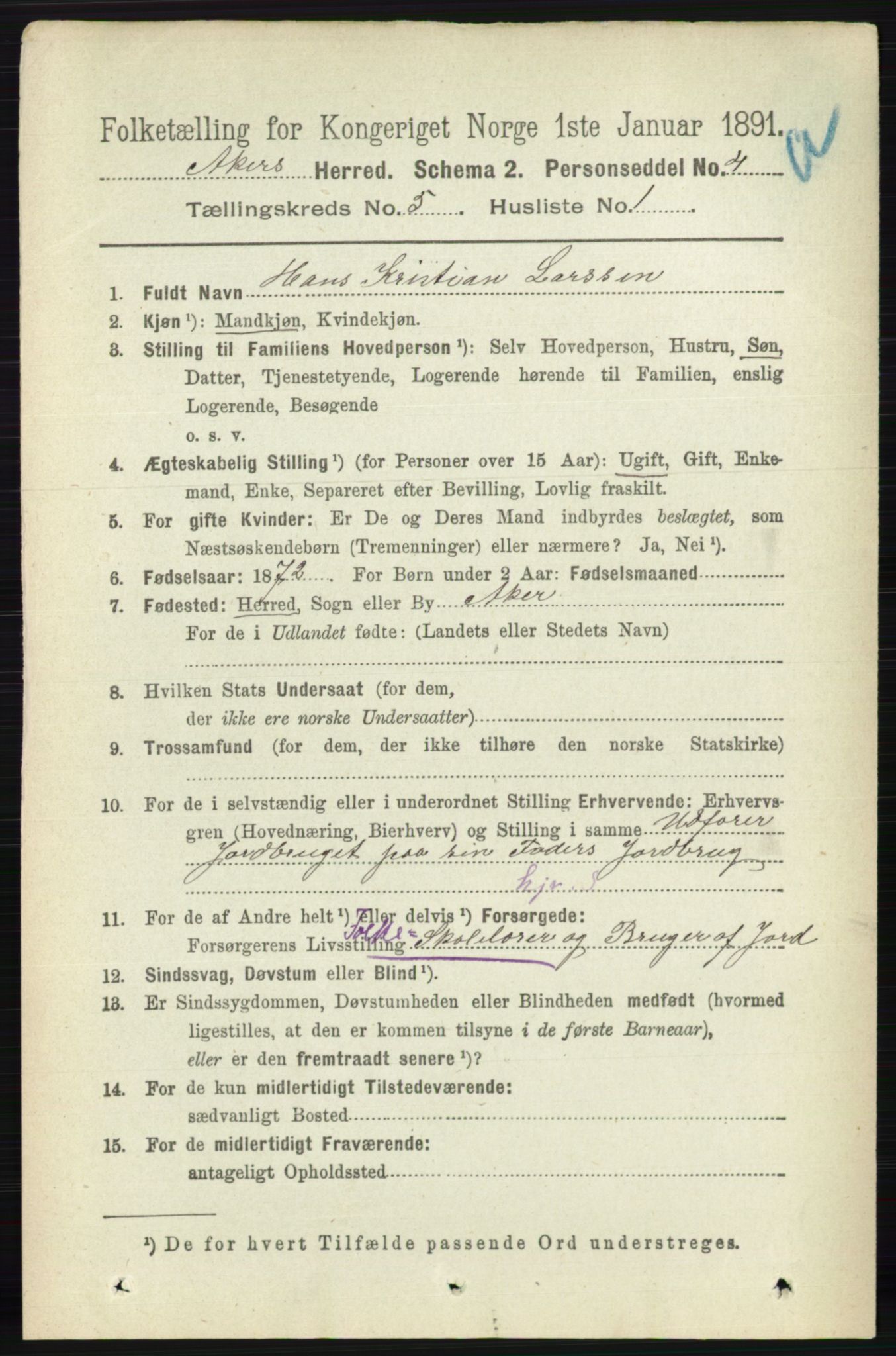 RA, 1891 census for 0218 Aker, 1891, p. 4974