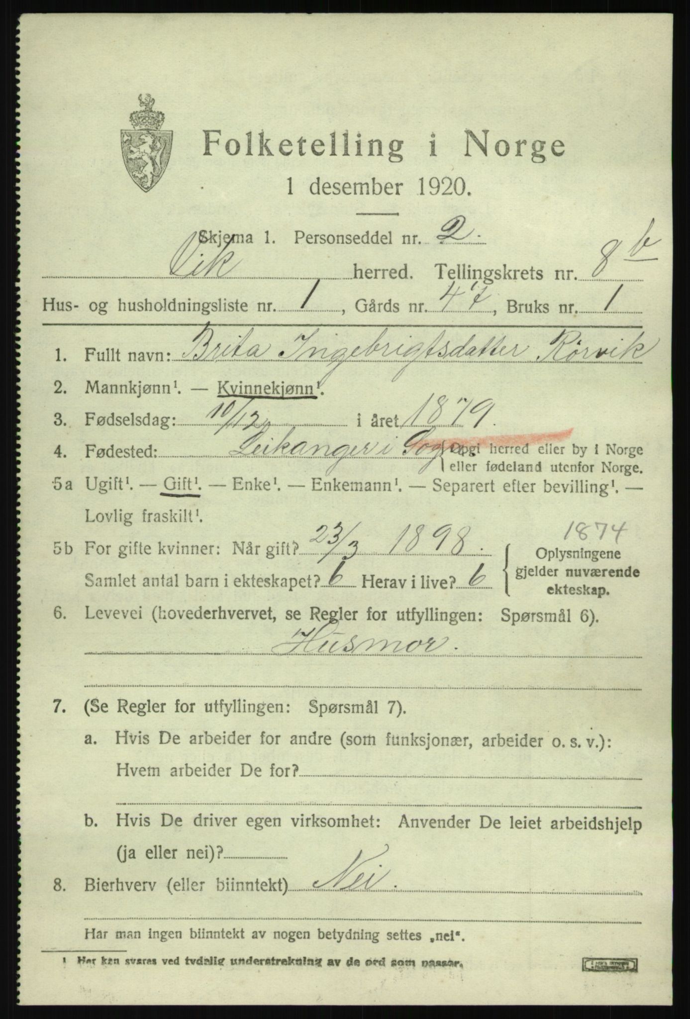 SAB, 1920 census for Vik, 1920, p. 5447