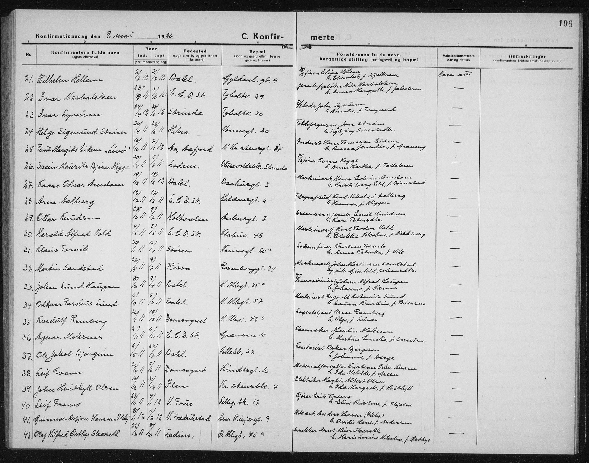 Ministerialprotokoller, klokkerbøker og fødselsregistre - Sør-Trøndelag, AV/SAT-A-1456/604/L0227: Parish register (copy) no. 604C10, 1923-1942, p. 196