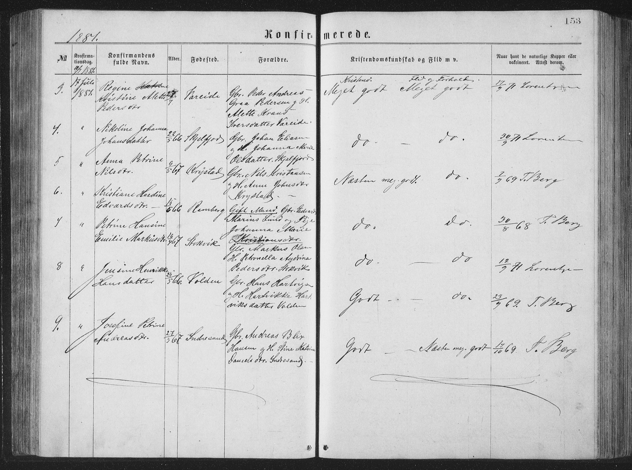 Ministerialprotokoller, klokkerbøker og fødselsregistre - Nordland, AV/SAT-A-1459/885/L1213: Parish register (copy) no. 885C02, 1874-1892, p. 153