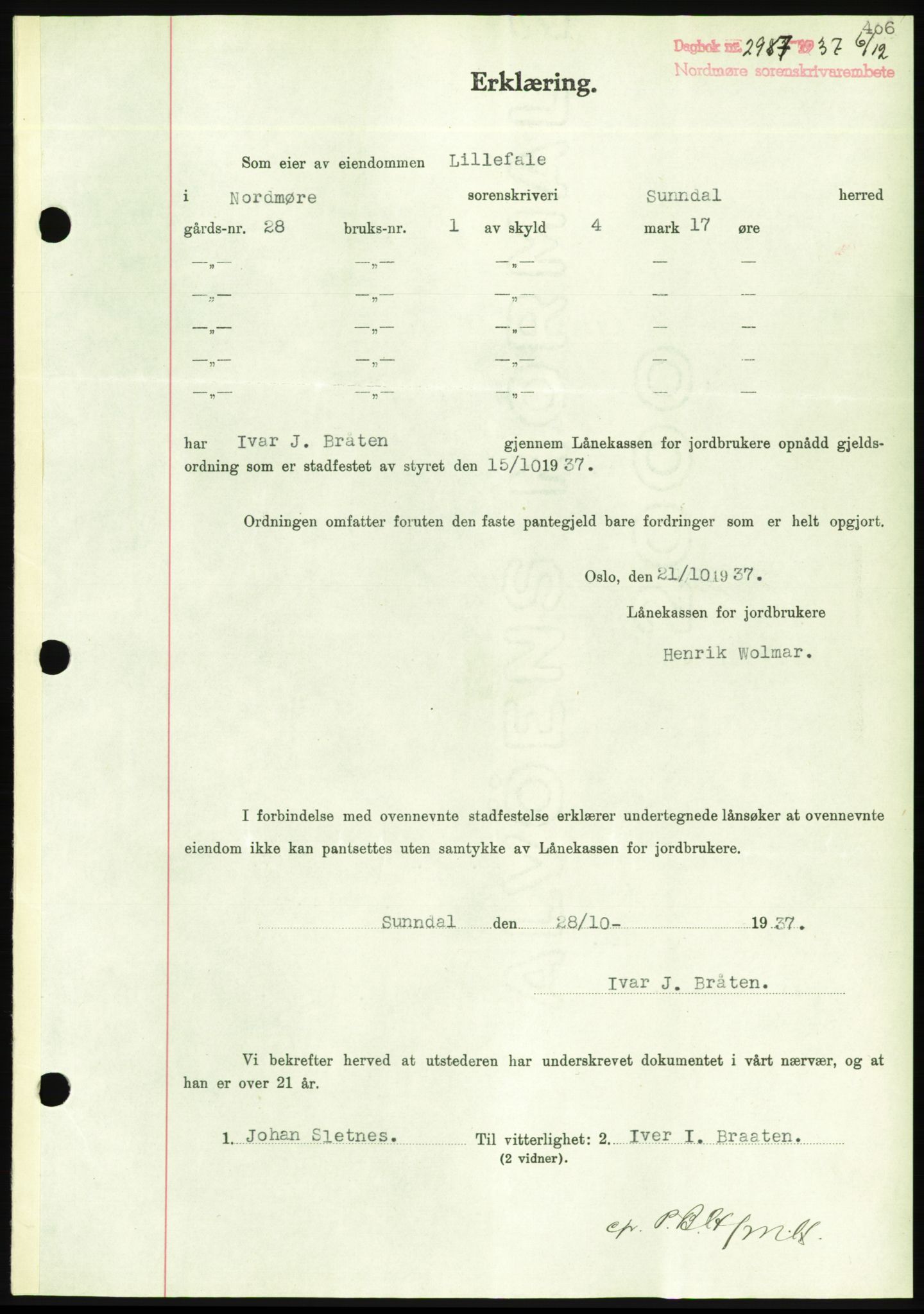 Nordmøre sorenskriveri, AV/SAT-A-4132/1/2/2Ca/L0092: Mortgage book no. B82, 1937-1938, Diary no: : 2987/1937