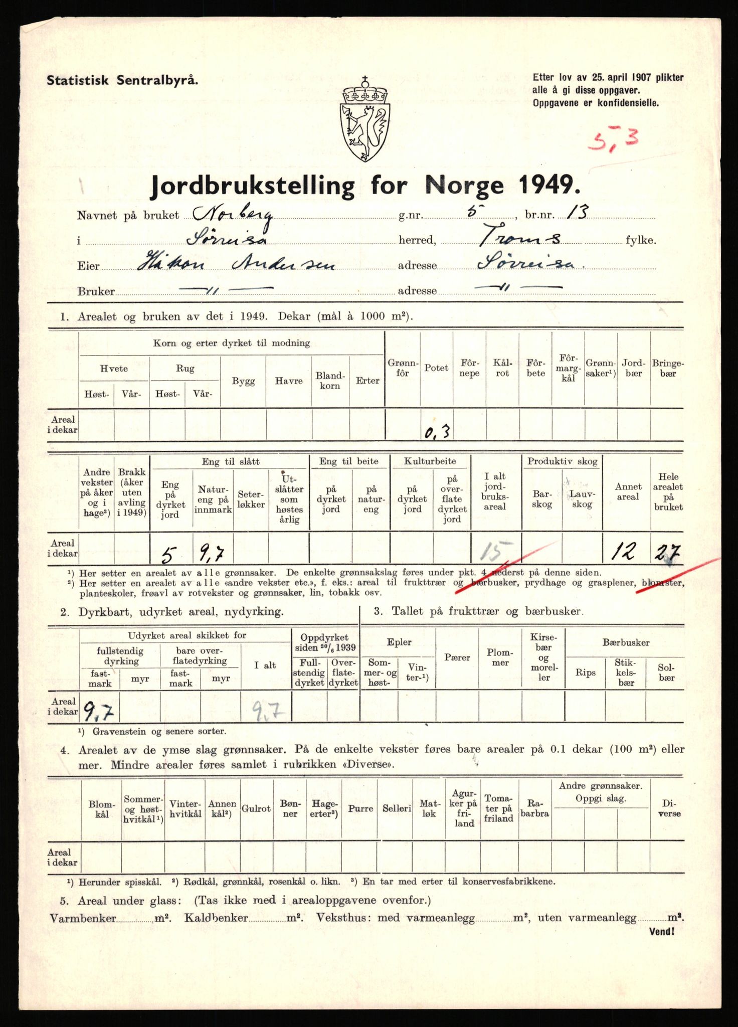 Statistisk sentralbyrå, Næringsøkonomiske emner, Jordbruk, skogbruk, jakt, fiske og fangst, AV/RA-S-2234/G/Gc/L0440: Troms: Sørreisa og Dyrøy, 1949, p. 177