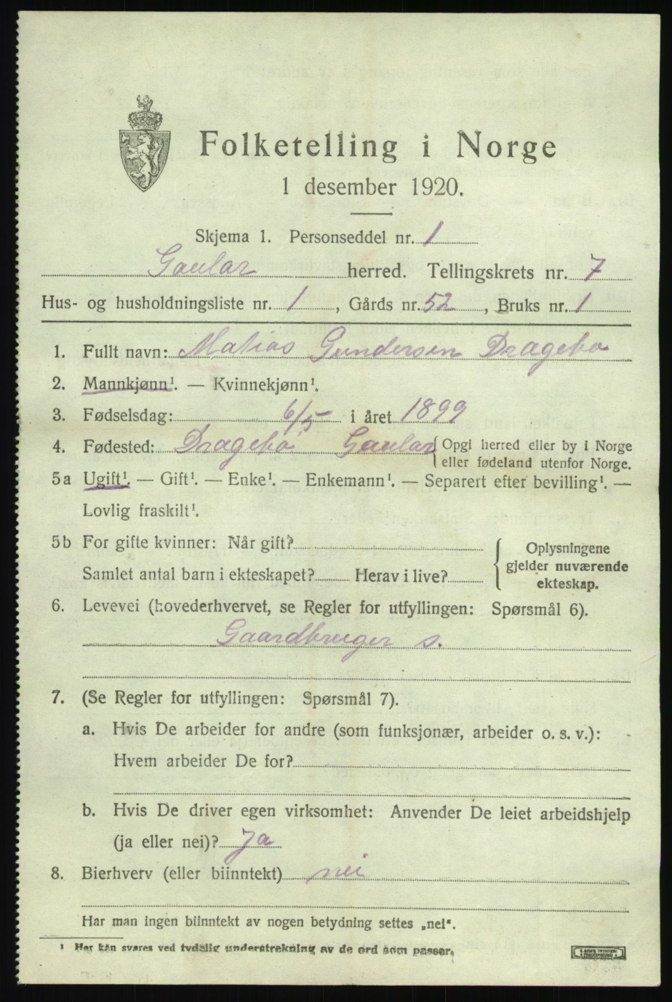 SAB, 1920 census for Gaular, 1920, p. 3442