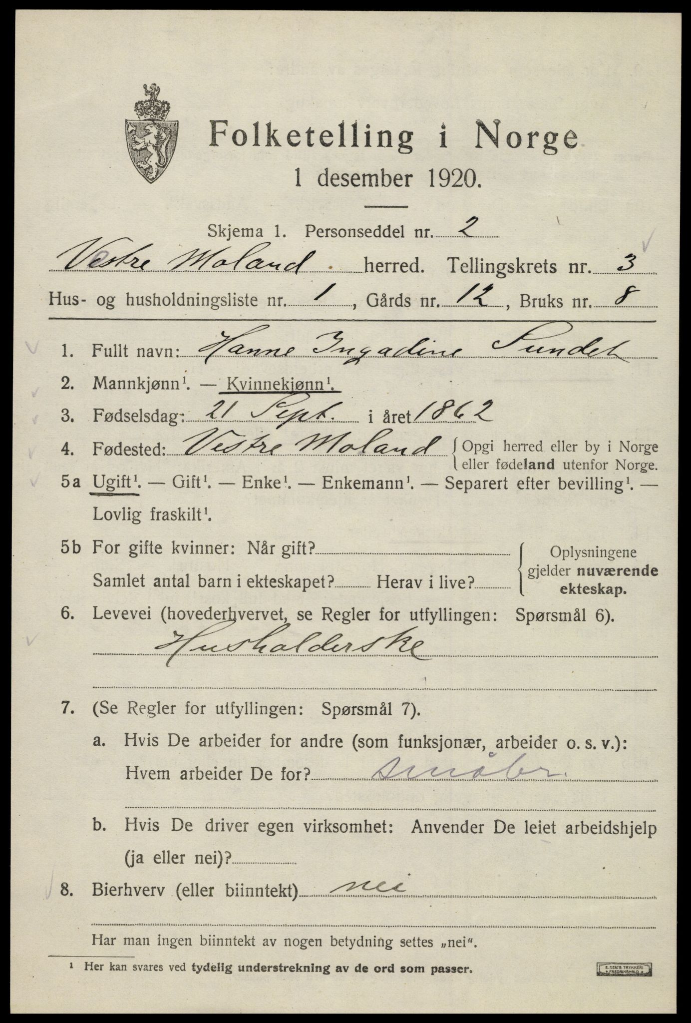 SAK, 1920 census for Vestre Moland, 1920, p. 3339