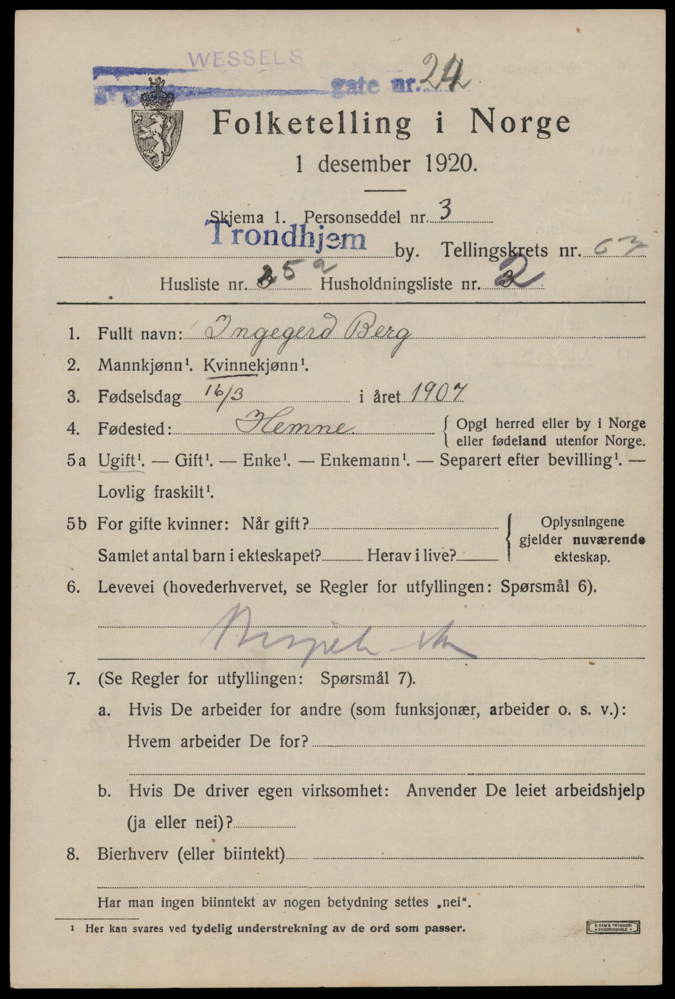 SAT, 1920 census for Trondheim, 1920, p. 133638