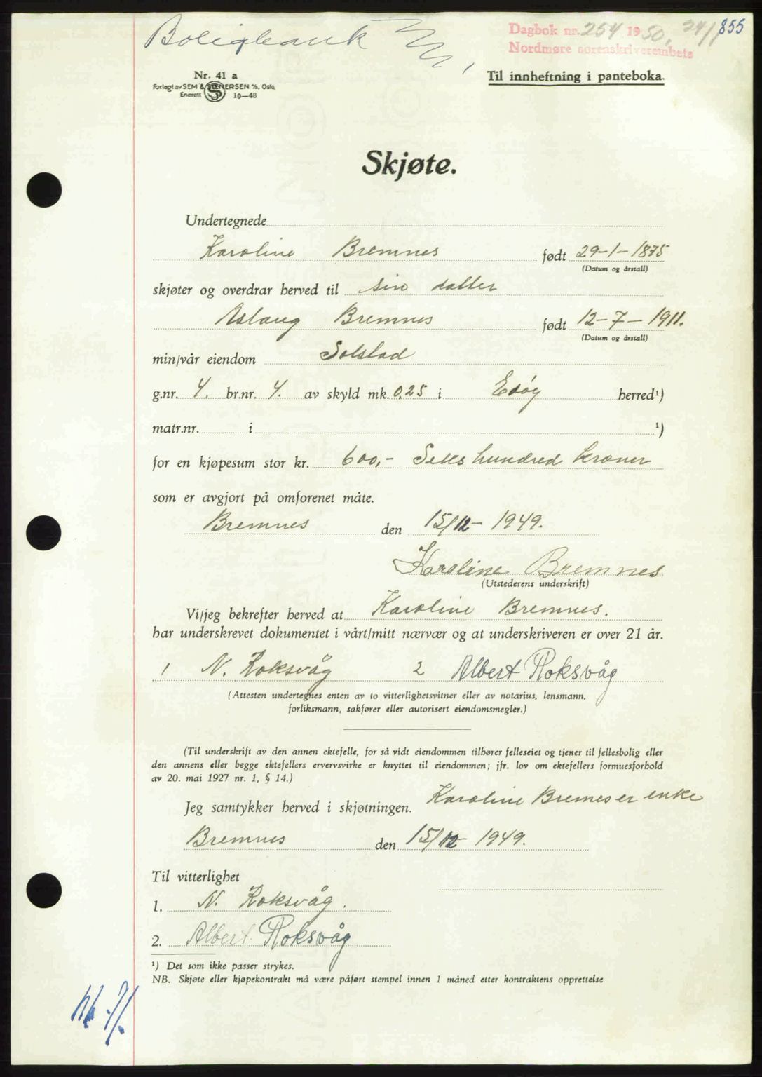 Nordmøre sorenskriveri, AV/SAT-A-4132/1/2/2Ca: Mortgage book no. A113, 1949-1950, Diary no: : 254/1950