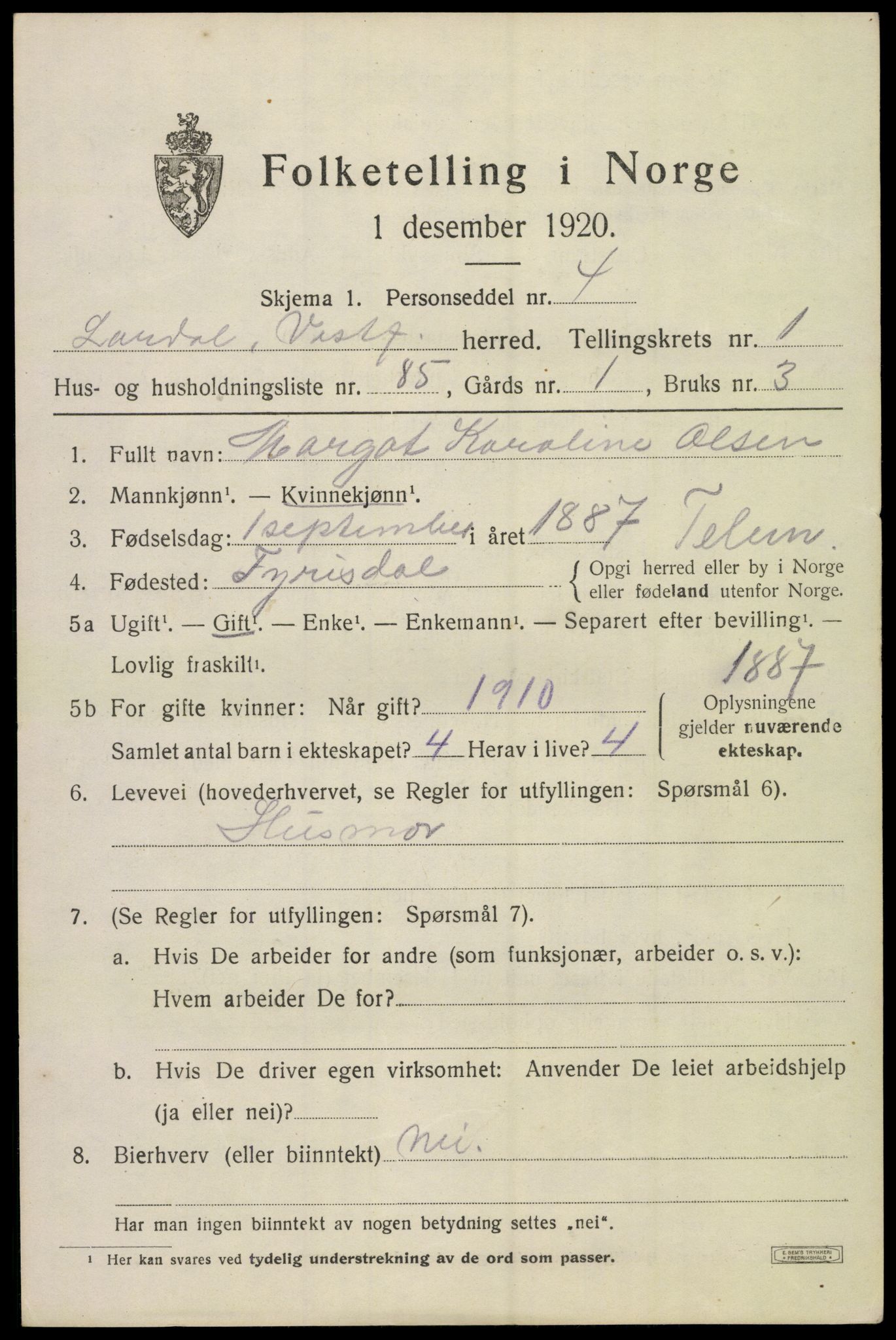 SAKO, 1920 census for Lardal, 1920, p. 1967