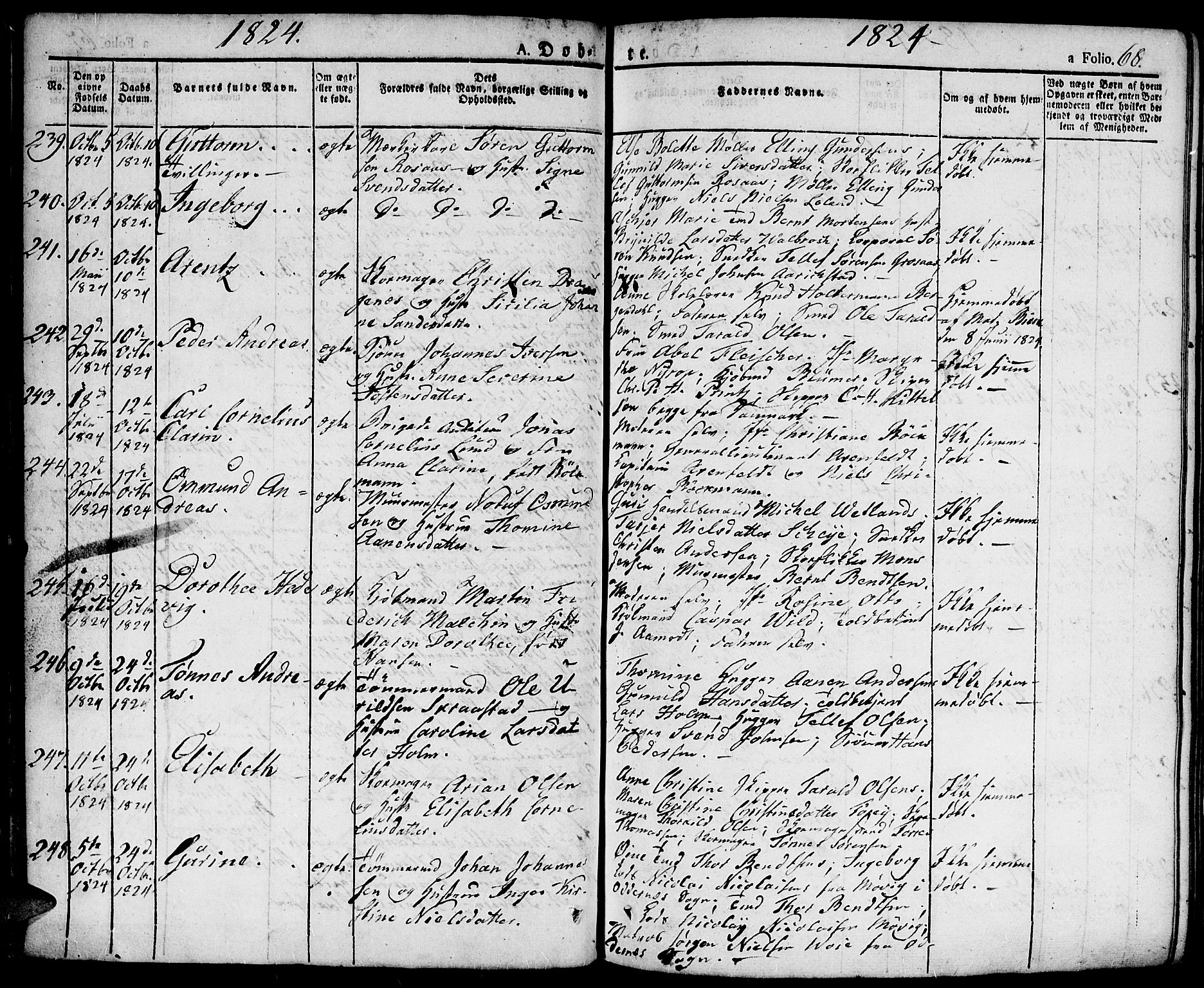 Kristiansand domprosti, SAK/1112-0006/F/Fa/L0009: Parish register (official) no. A 9, 1821-1827, p. 68