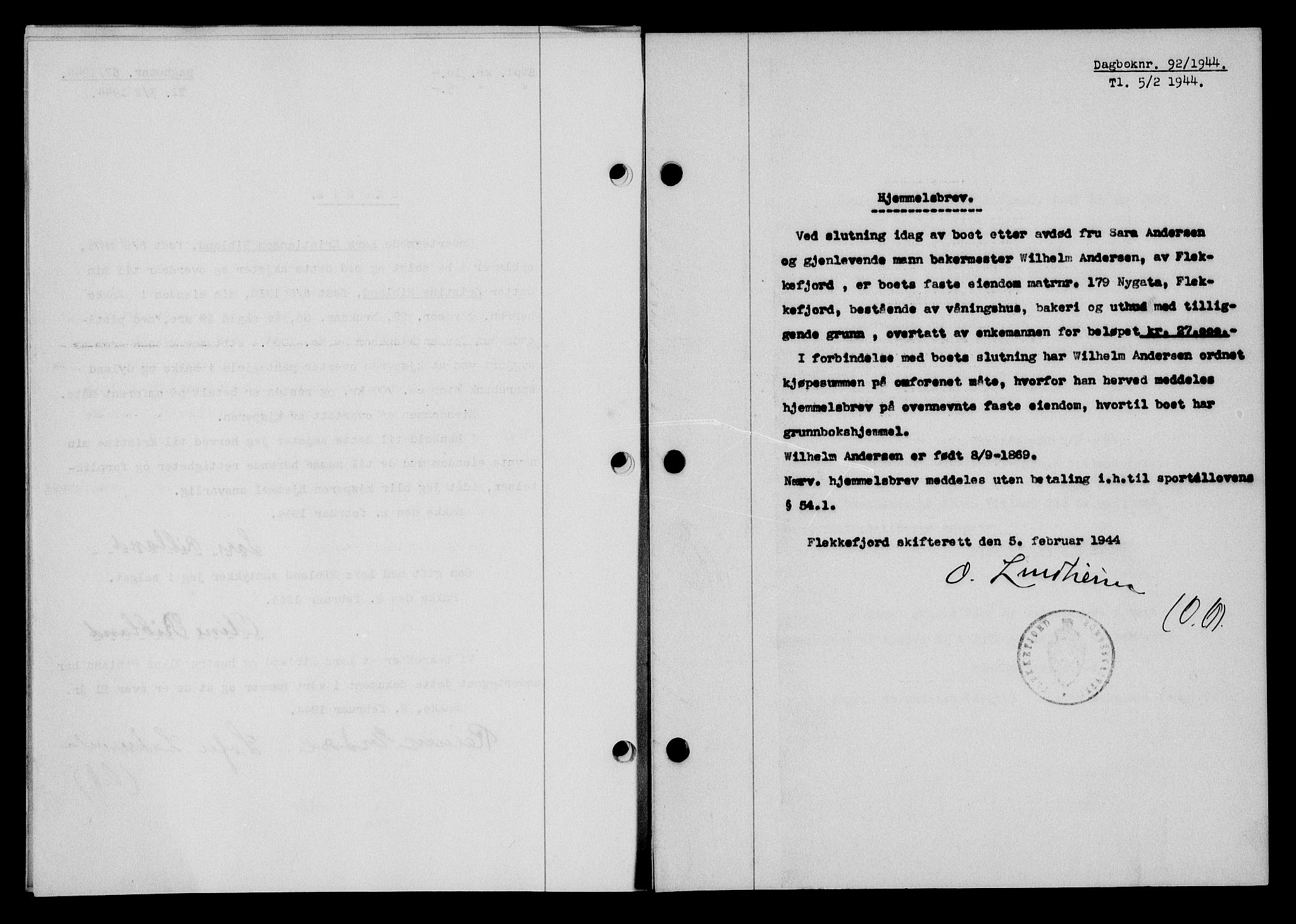 Flekkefjord sorenskriveri, SAK/1221-0001/G/Gb/Gba/L0059: Mortgage book no. A-7, 1944-1945, Diary no: : 92/1944