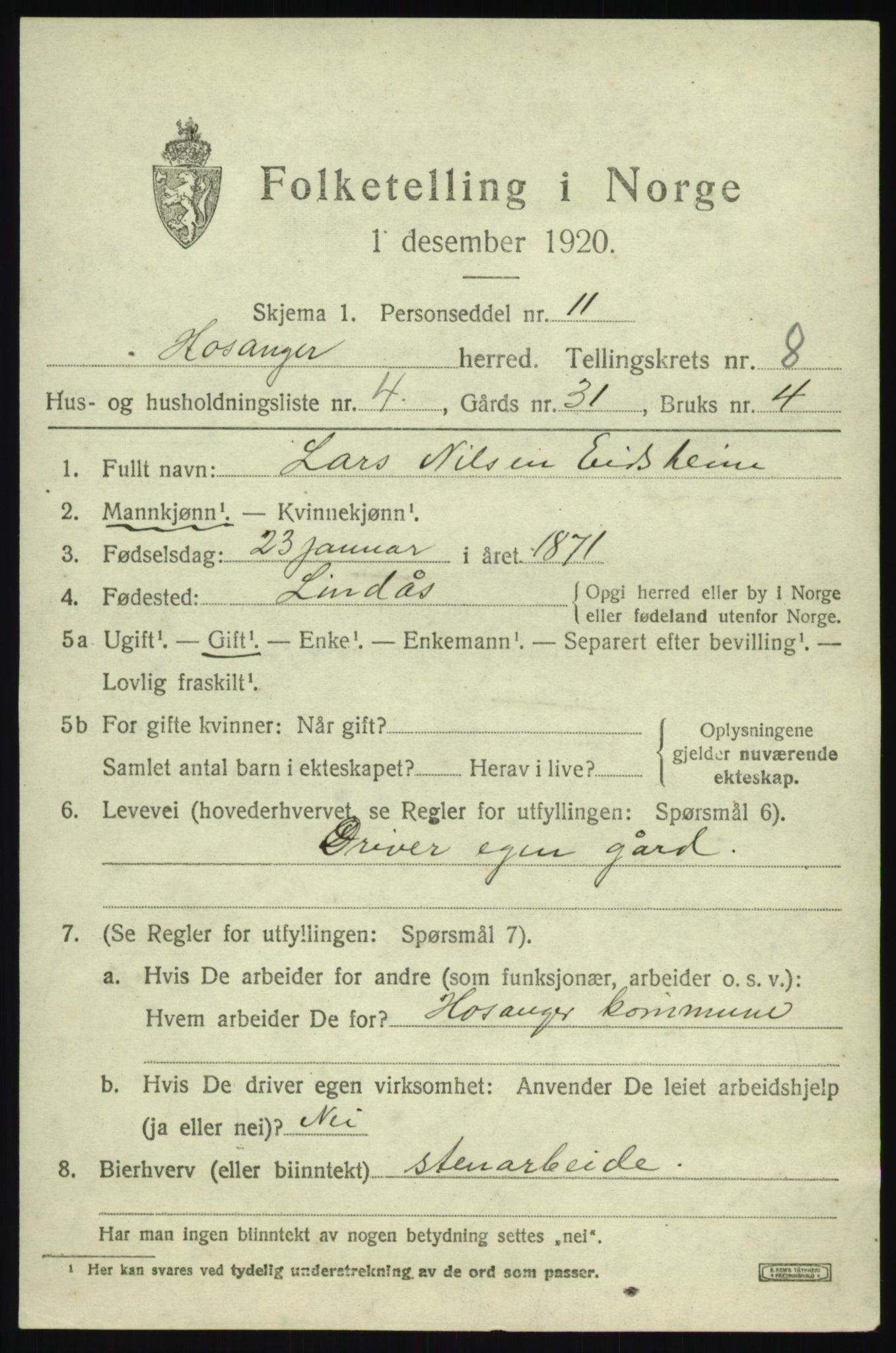 SAB, 1920 census for Hosanger, 1920, p. 3405