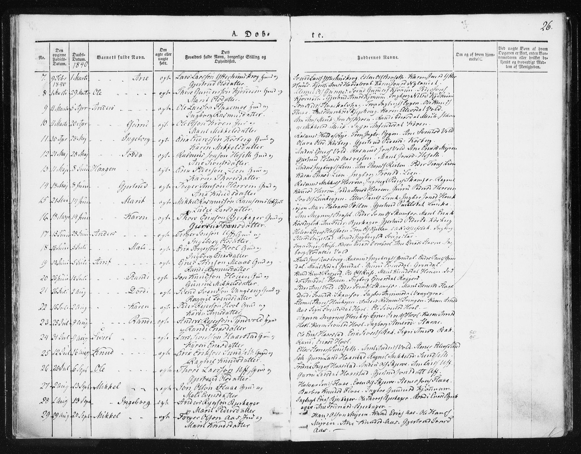 Ministerialprotokoller, klokkerbøker og fødselsregistre - Sør-Trøndelag, SAT/A-1456/674/L0869: Parish register (official) no. 674A01, 1829-1860, p. 26