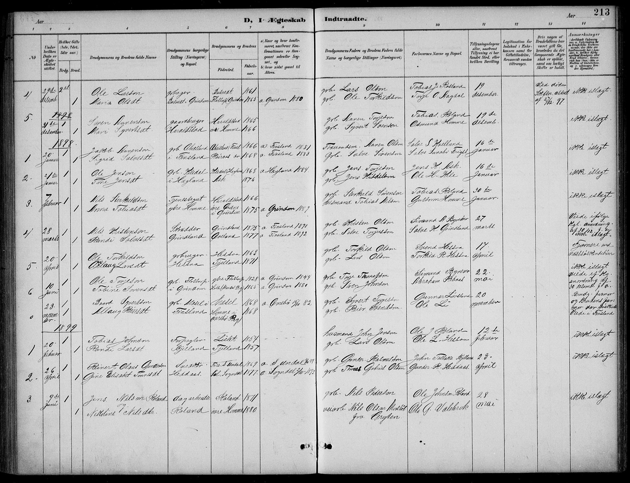 Bjelland sokneprestkontor, SAK/1111-0005/F/Fb/Fba/L0005: Parish register (copy) no. B 5, 1887-1923, p. 213