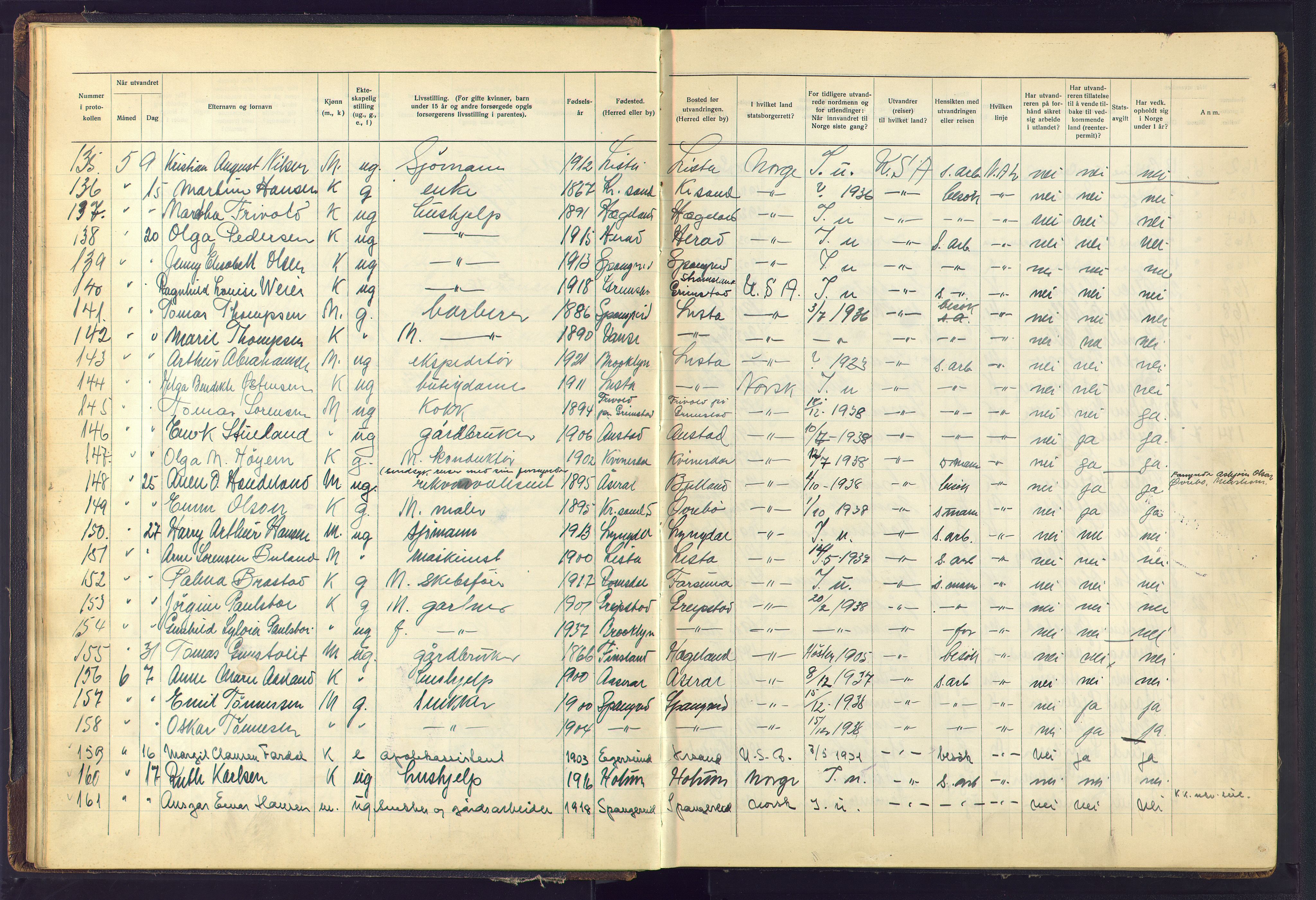Kristiansand politikammer, AV/SAK-1243-0004/K/Kb/L0248: Emigrantprotokoll, 1938-1951, p. 22