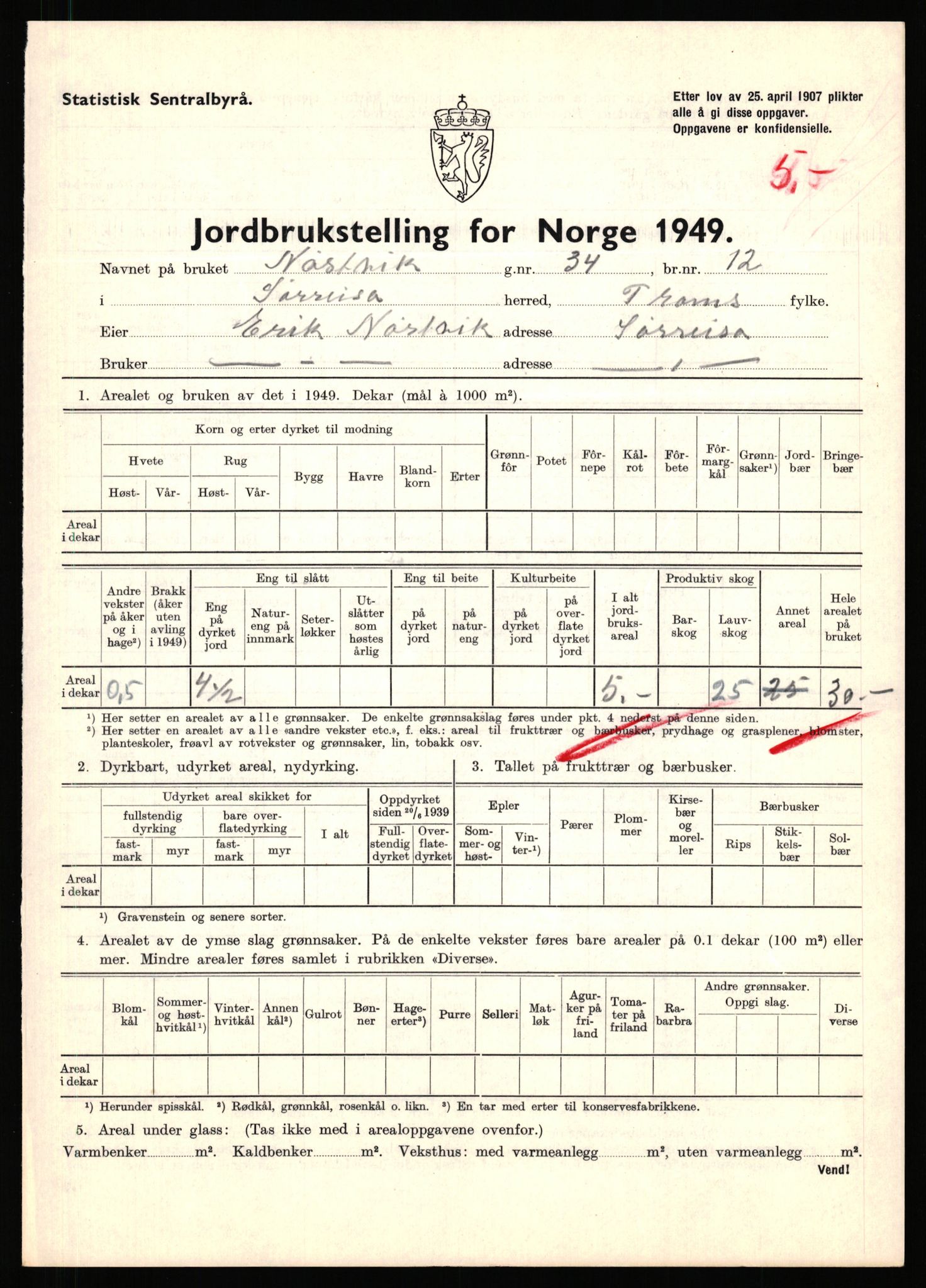 Statistisk sentralbyrå, Næringsøkonomiske emner, Jordbruk, skogbruk, jakt, fiske og fangst, AV/RA-S-2234/G/Gc/L0440: Troms: Sørreisa og Dyrøy, 1949, p. 49