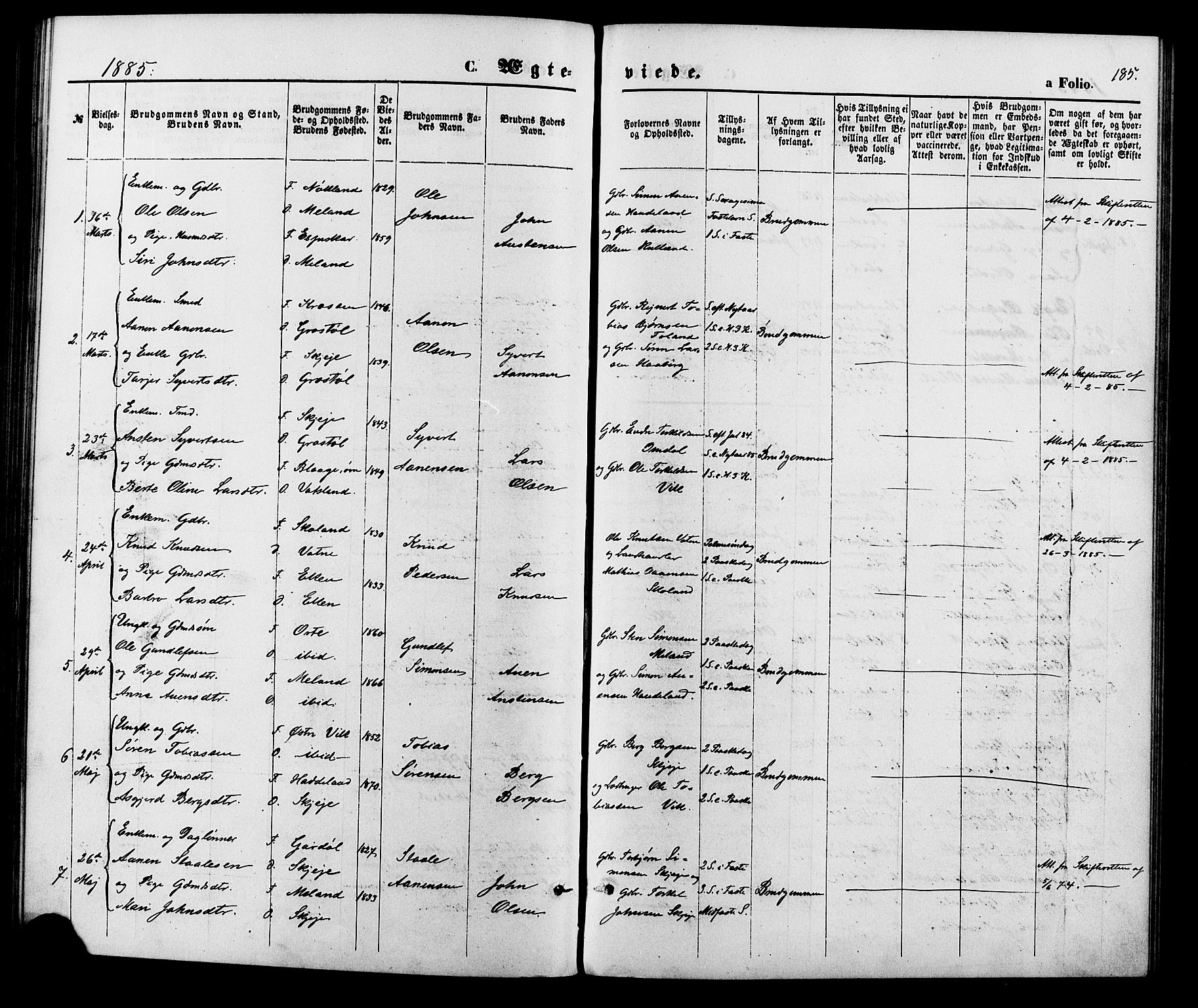 Hægebostad sokneprestkontor, AV/SAK-1111-0024/F/Fa/Fab/L0003: Parish register (official) no. A 3, 1872-1886, p. 185