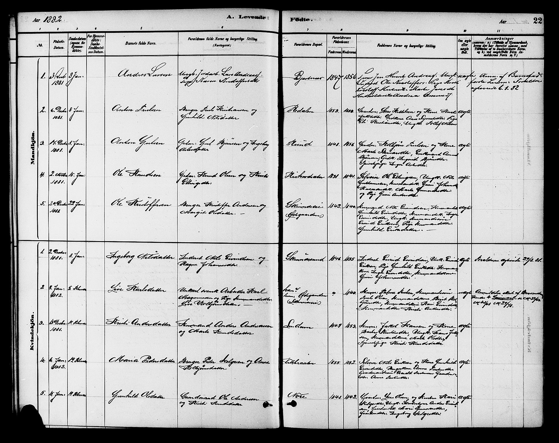 Krødsherad kirkebøker, SAKO/A-19/G/Ga/L0001: Parish register (copy) no. 1, 1879-1893, p. 22