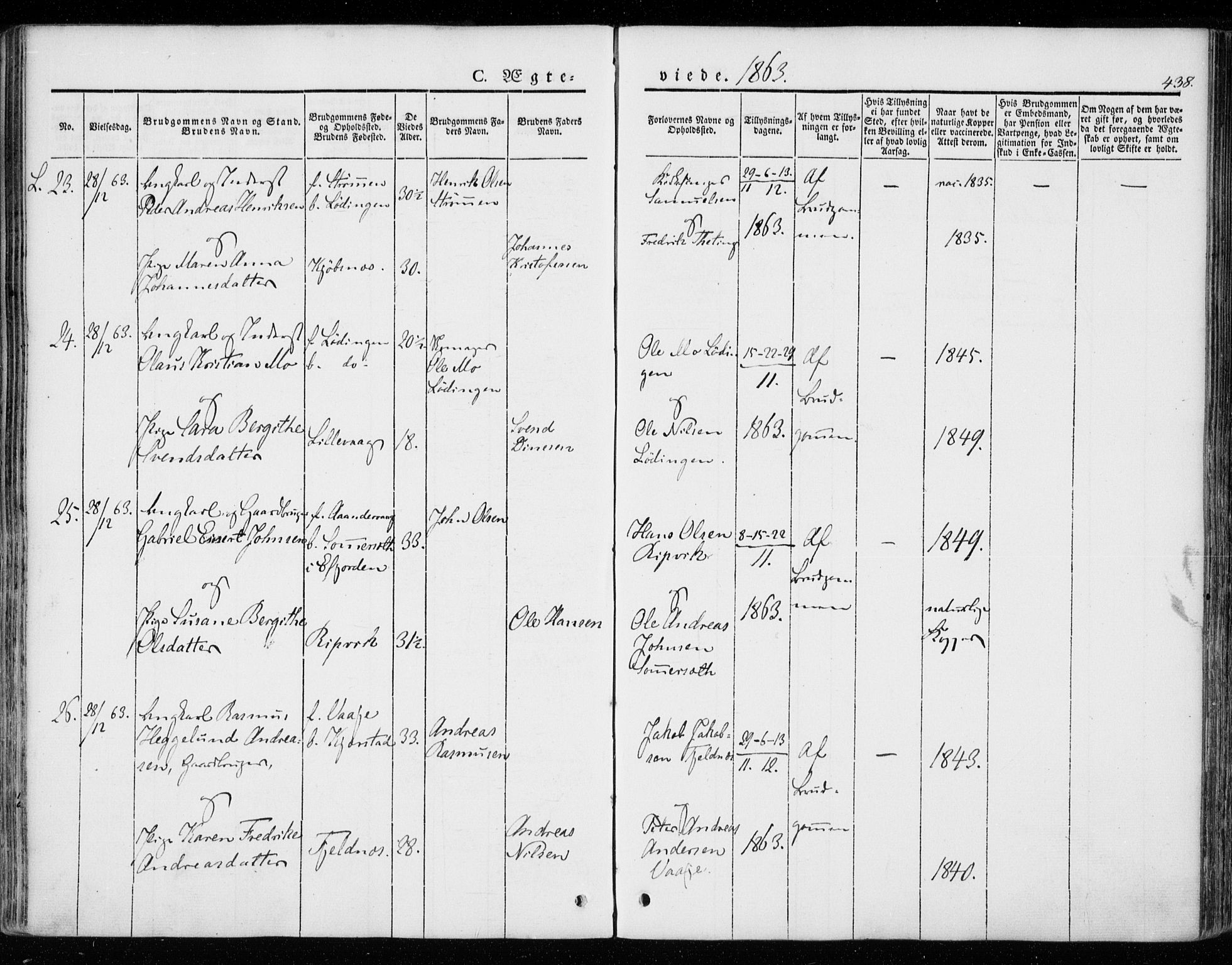 Ministerialprotokoller, klokkerbøker og fødselsregistre - Nordland, AV/SAT-A-1459/872/L1033: Parish register (official) no. 872A08, 1840-1863, p. 438