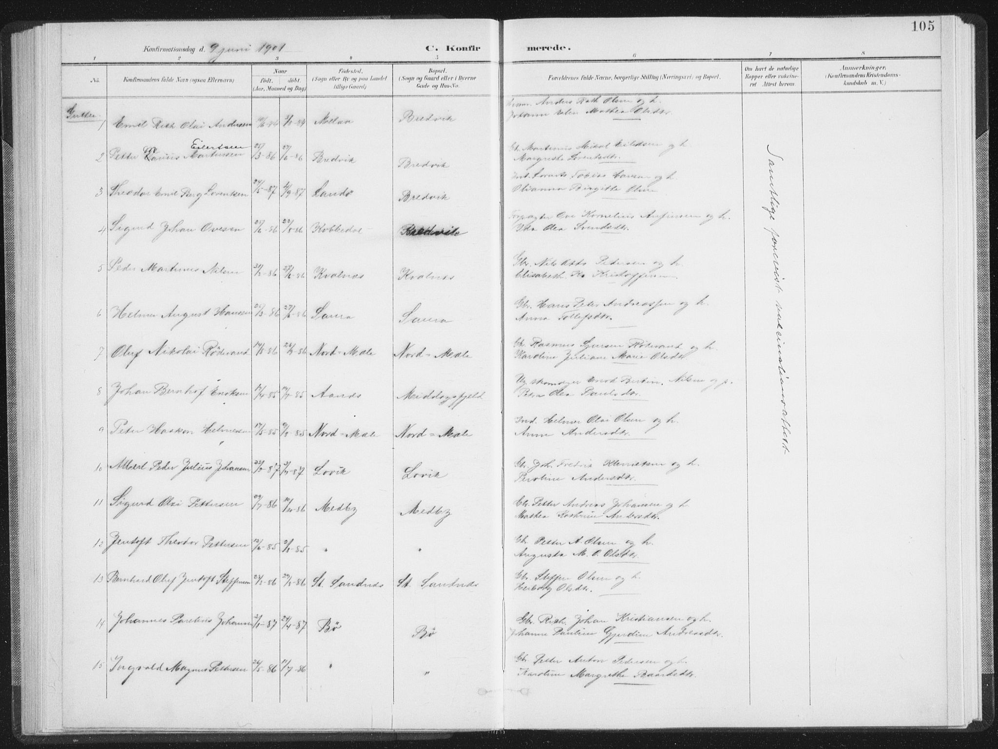 Ministerialprotokoller, klokkerbøker og fødselsregistre - Nordland, SAT/A-1459/897/L1400: Parish register (official) no. 897A07, 1897-1908, p. 105