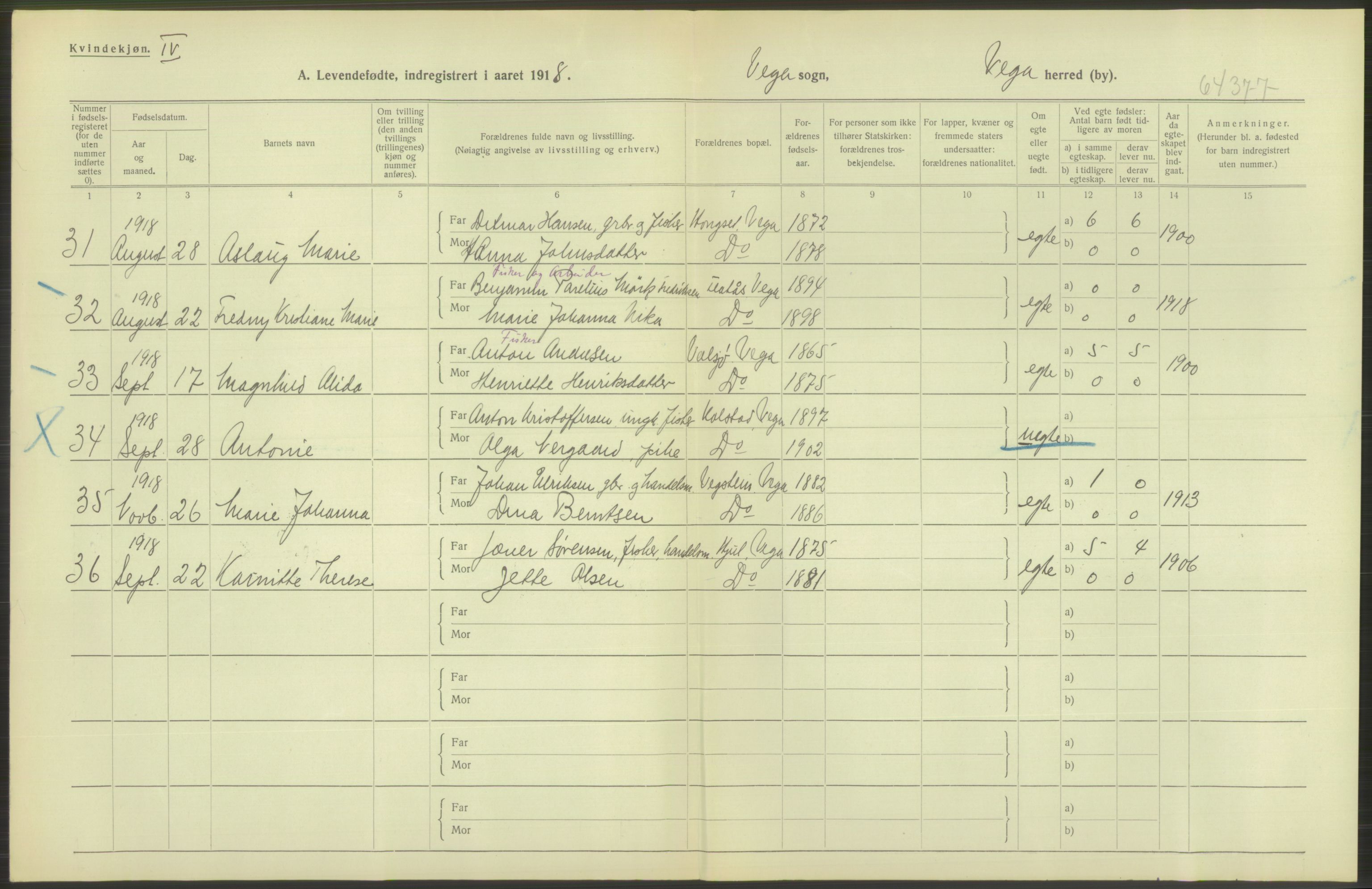 Statistisk sentralbyrå, Sosiodemografiske emner, Befolkning, RA/S-2228/D/Df/Dfb/Dfbh/L0052: Nordland fylke: Levendefødte menn og kvinner. Bygder., 1918, p. 346