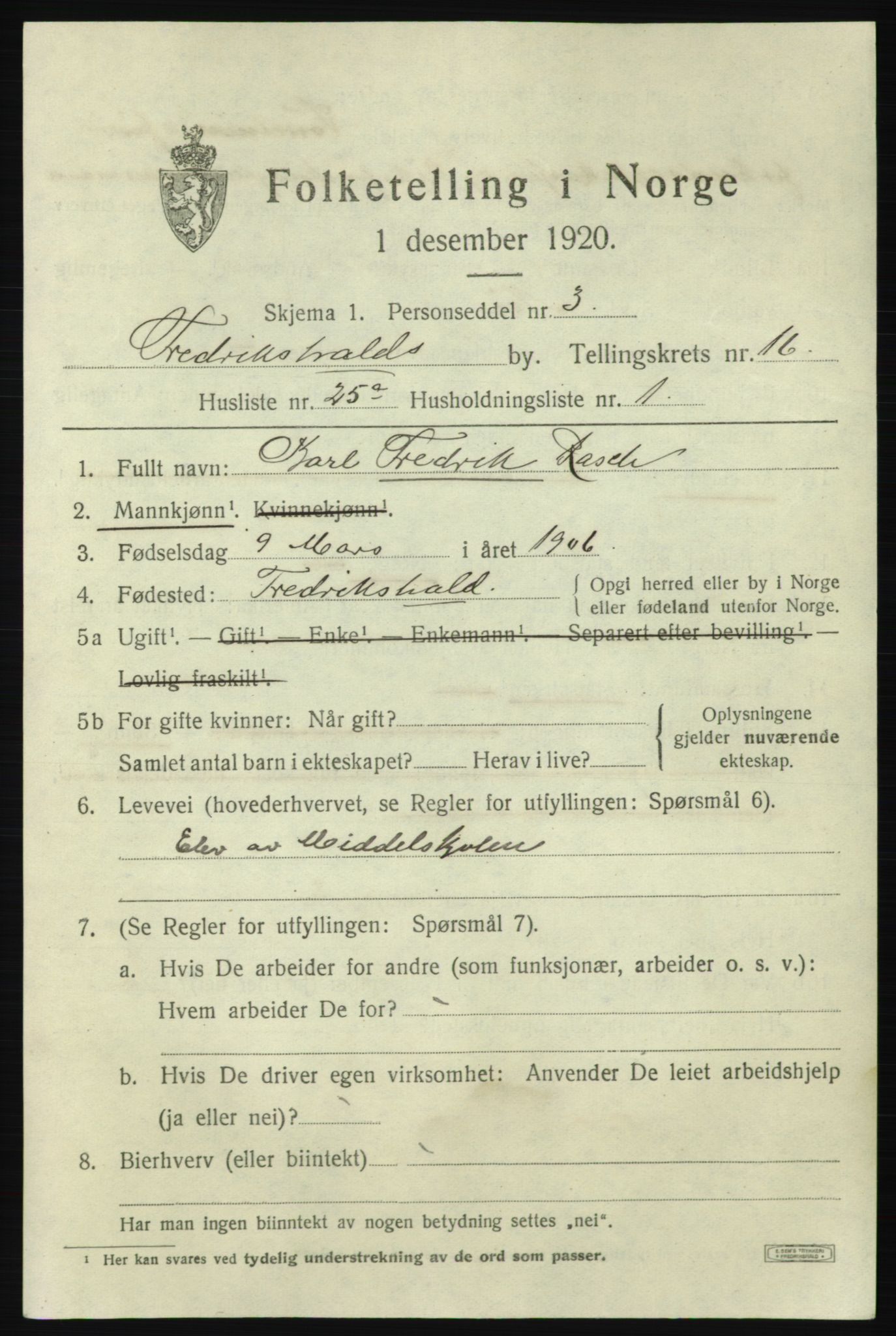 SAO, 1920 census for Fredrikshald, 1920, p. 25755