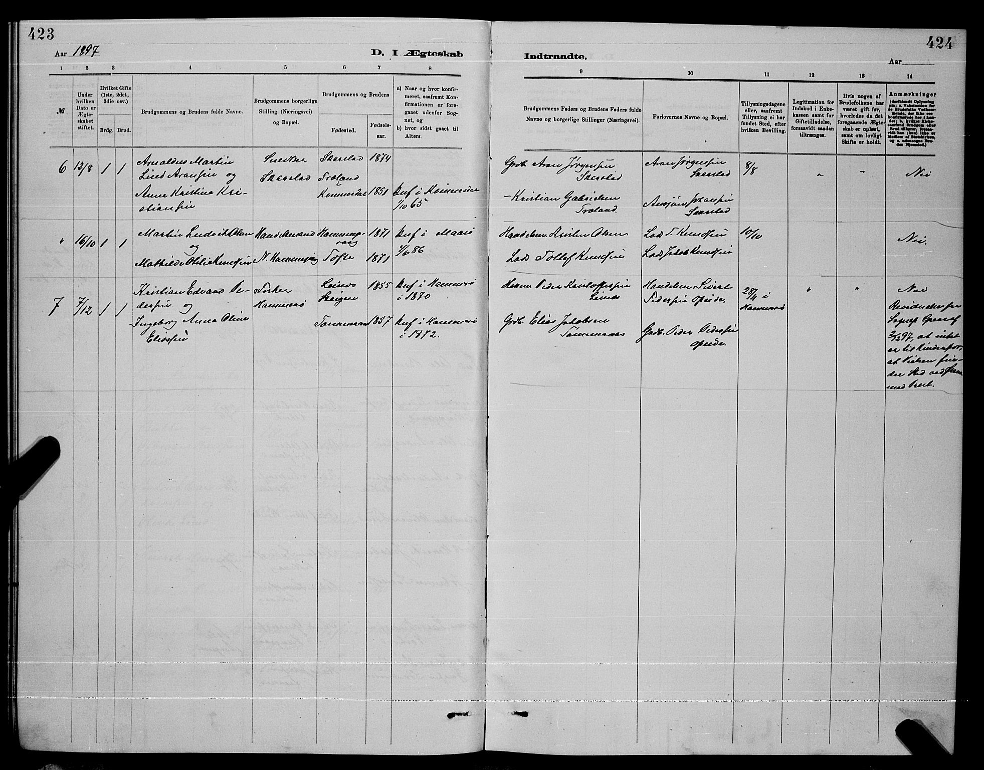 Ministerialprotokoller, klokkerbøker og fødselsregistre - Nordland, AV/SAT-A-1459/872/L1047: Parish register (copy) no. 872C03, 1880-1897, p. 423-424