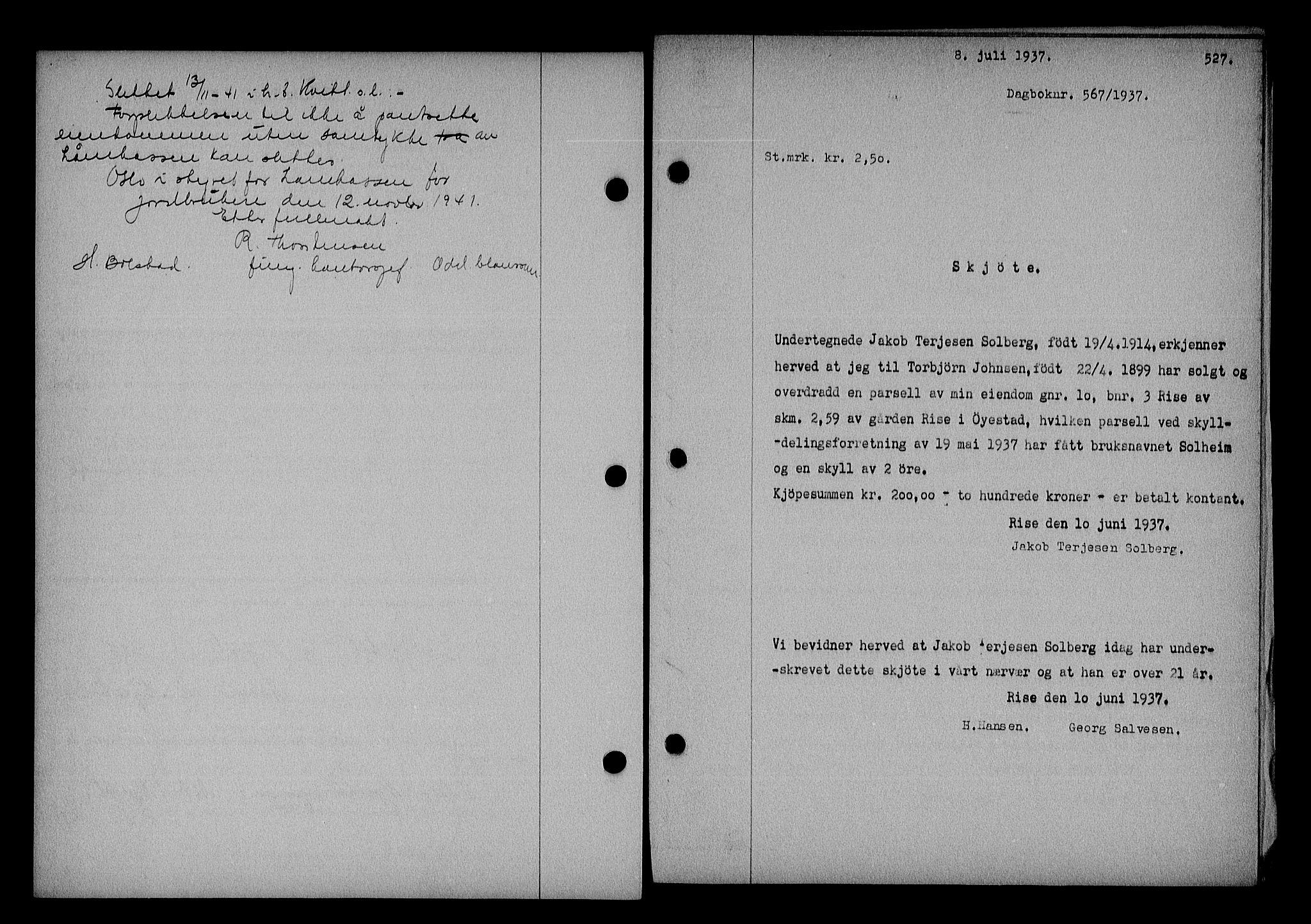 Nedenes sorenskriveri, SAK/1221-0006/G/Gb/Gba/L0043: Mortgage book no. 39, 1936-1937, Diary no: : 567/1937