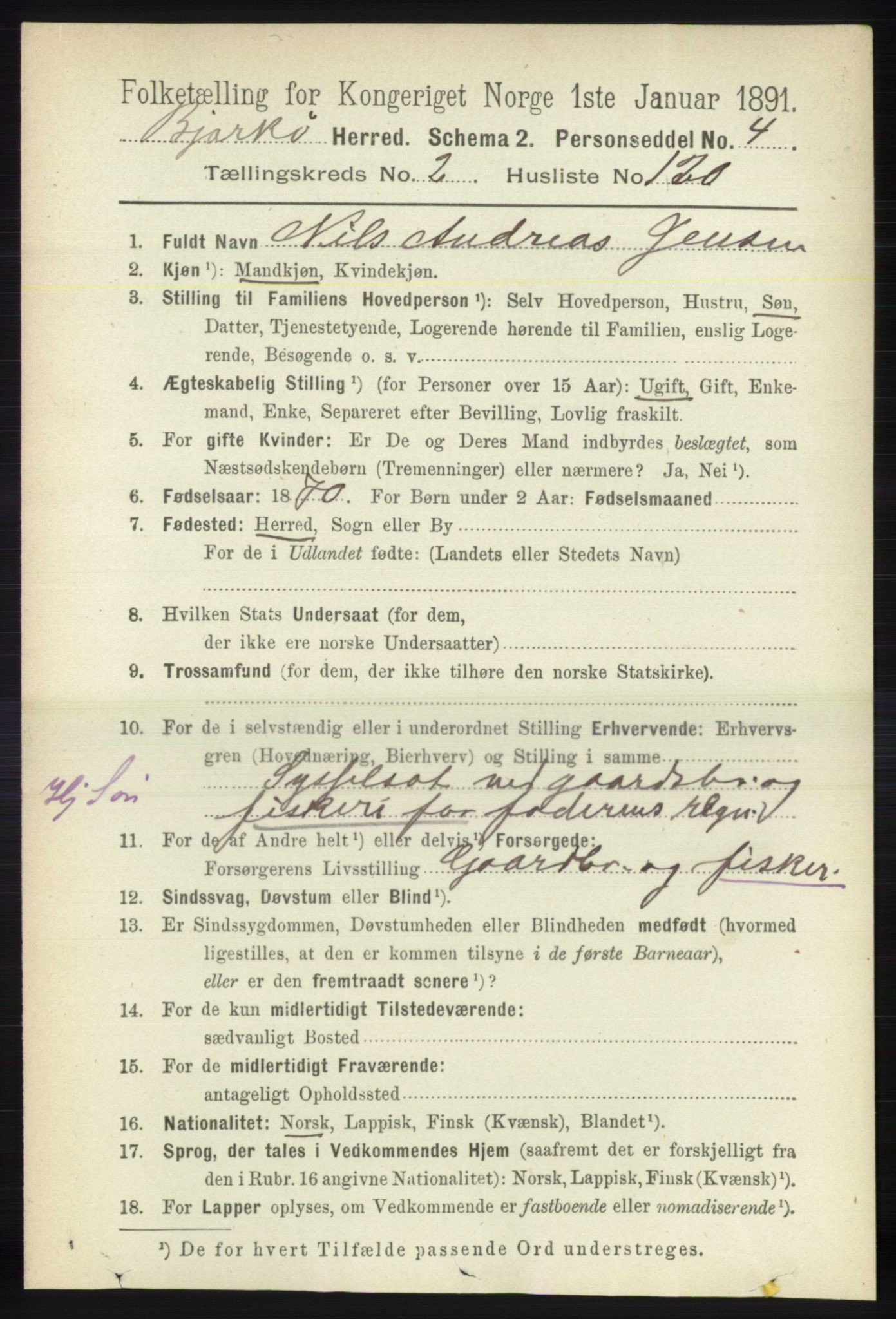 RA, 1891 census for 1915 Bjarkøy, 1891, p. 1468