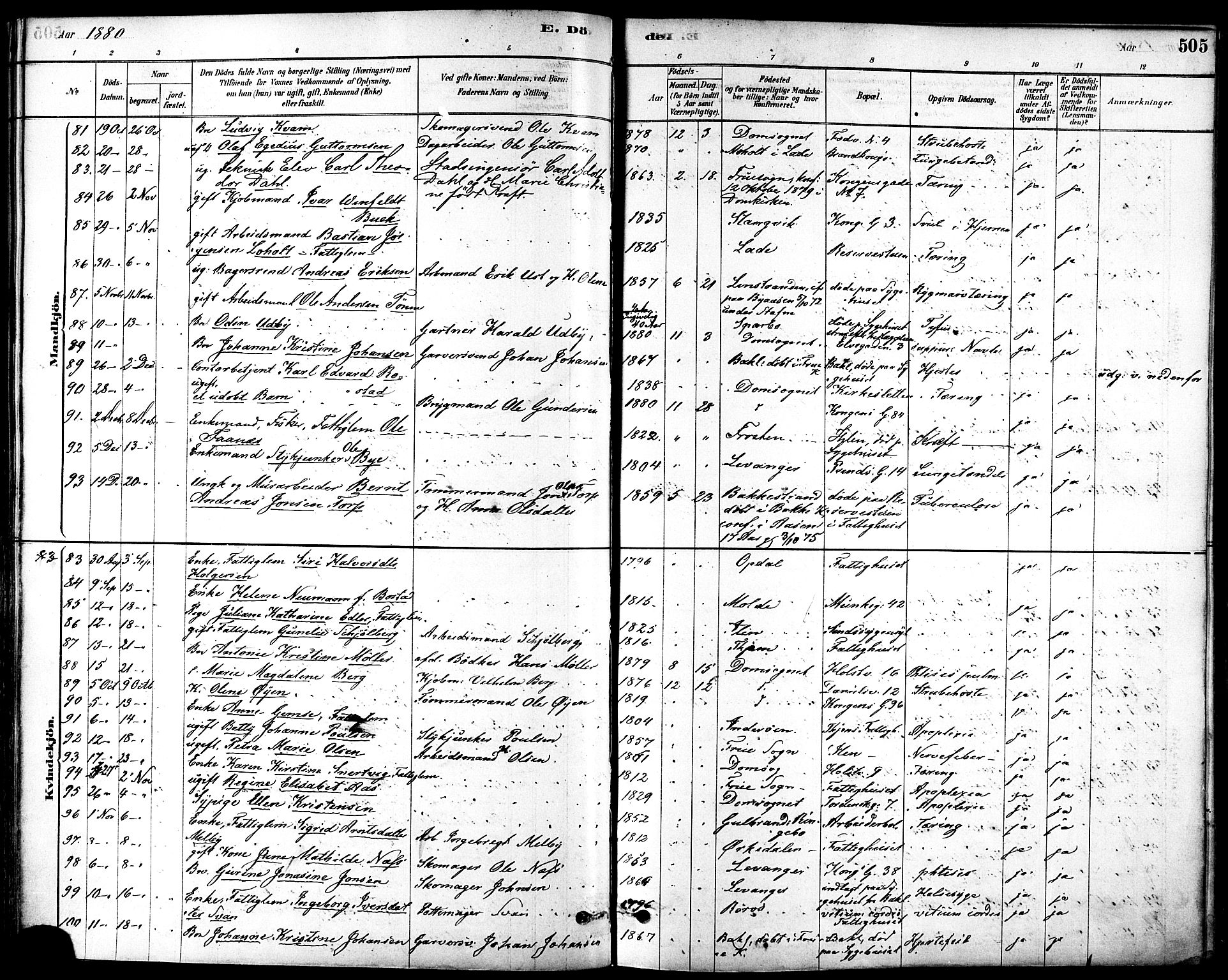 Ministerialprotokoller, klokkerbøker og fødselsregistre - Sør-Trøndelag, SAT/A-1456/601/L0058: Parish register (official) no. 601A26, 1877-1891, p. 505