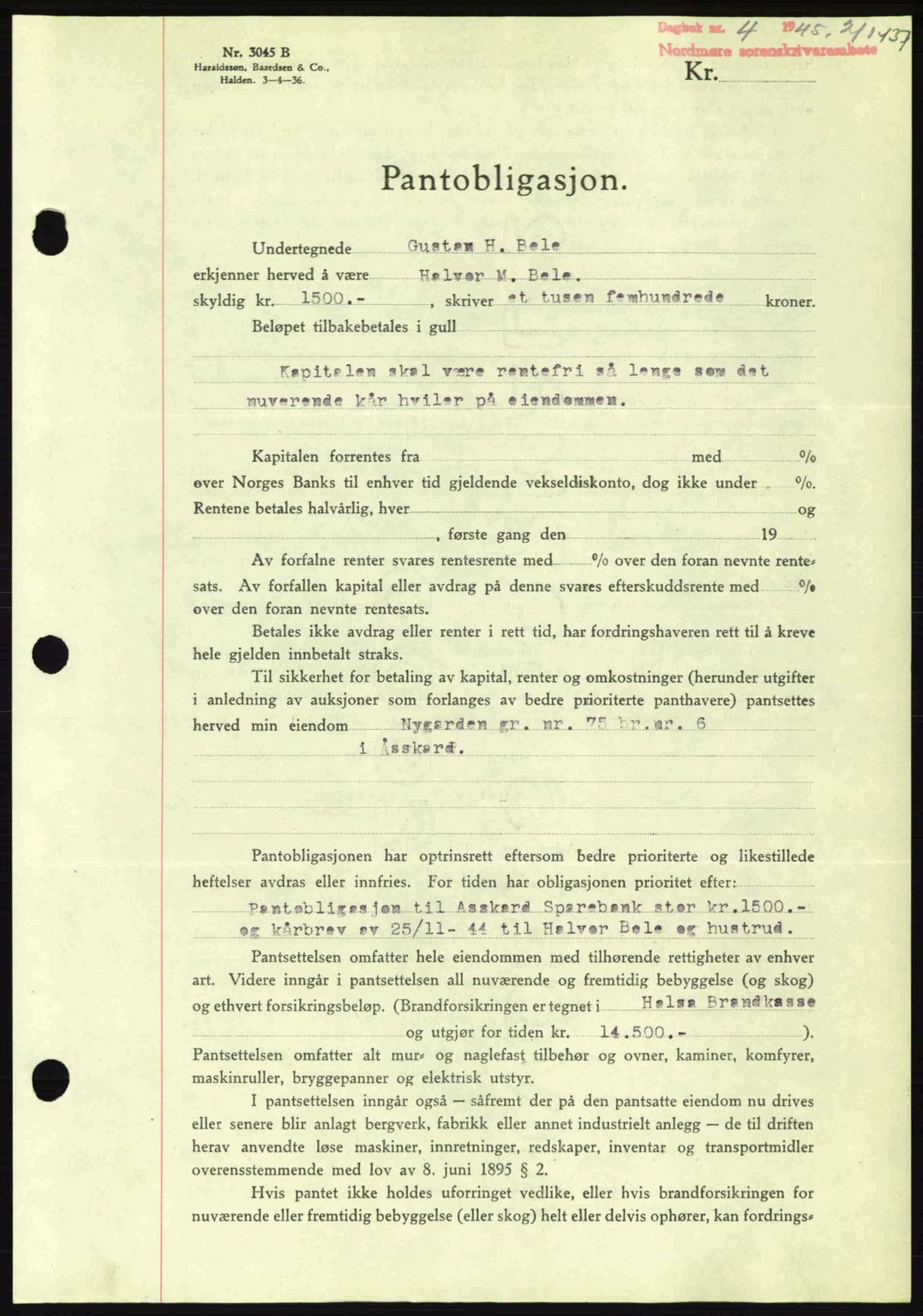 Nordmøre sorenskriveri, AV/SAT-A-4132/1/2/2Ca: Mortgage book no. B92, 1944-1945, Diary no: : 4/1945