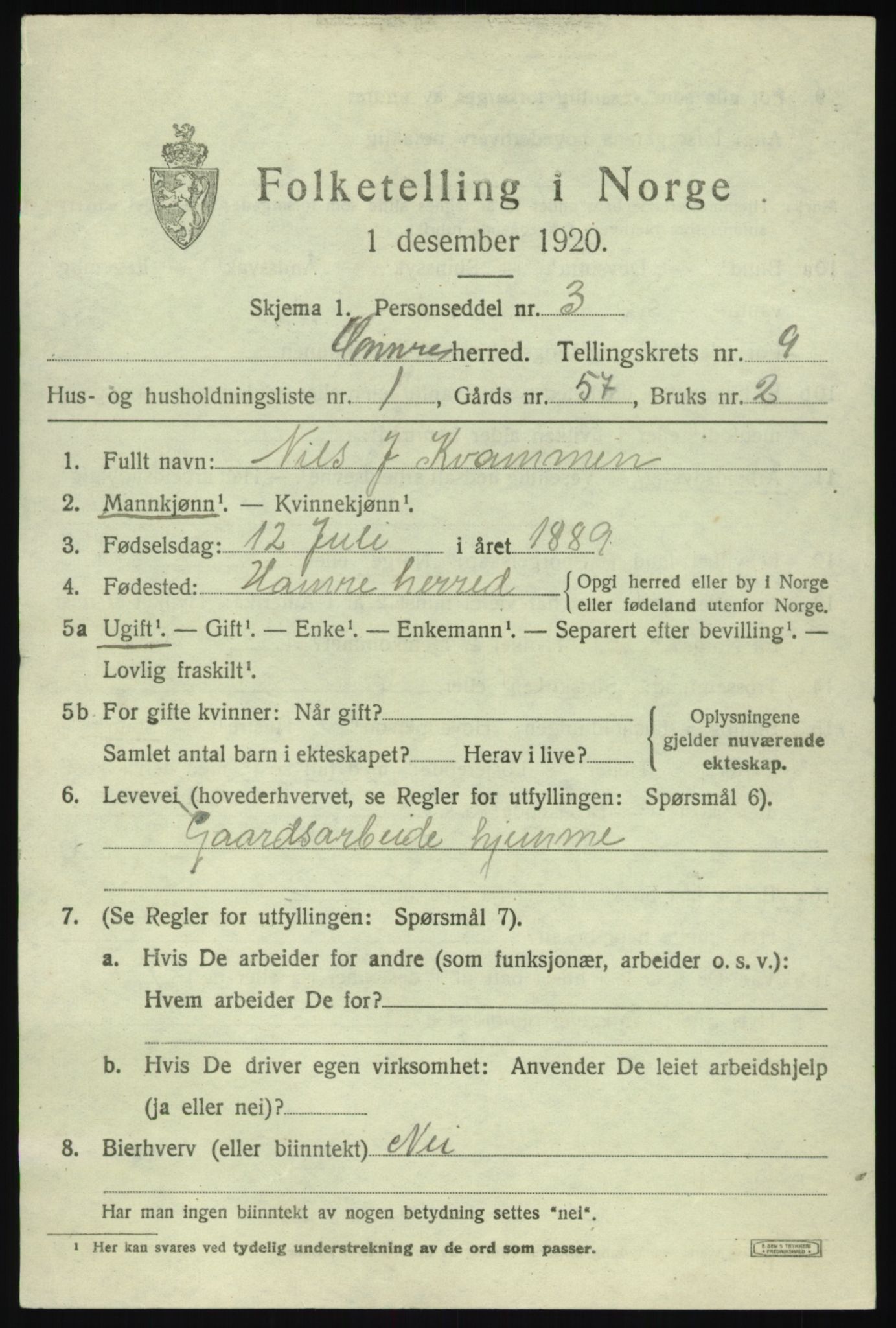 SAB, 1920 census for Hamre, 1920, p. 4843