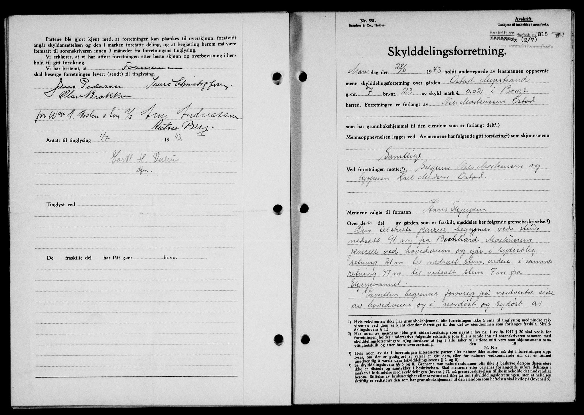 Lofoten sorenskriveri, SAT/A-0017/1/2/2C/L0011a: Mortgage book no. 11a, 1943-1943, Diary no: : 815/1943