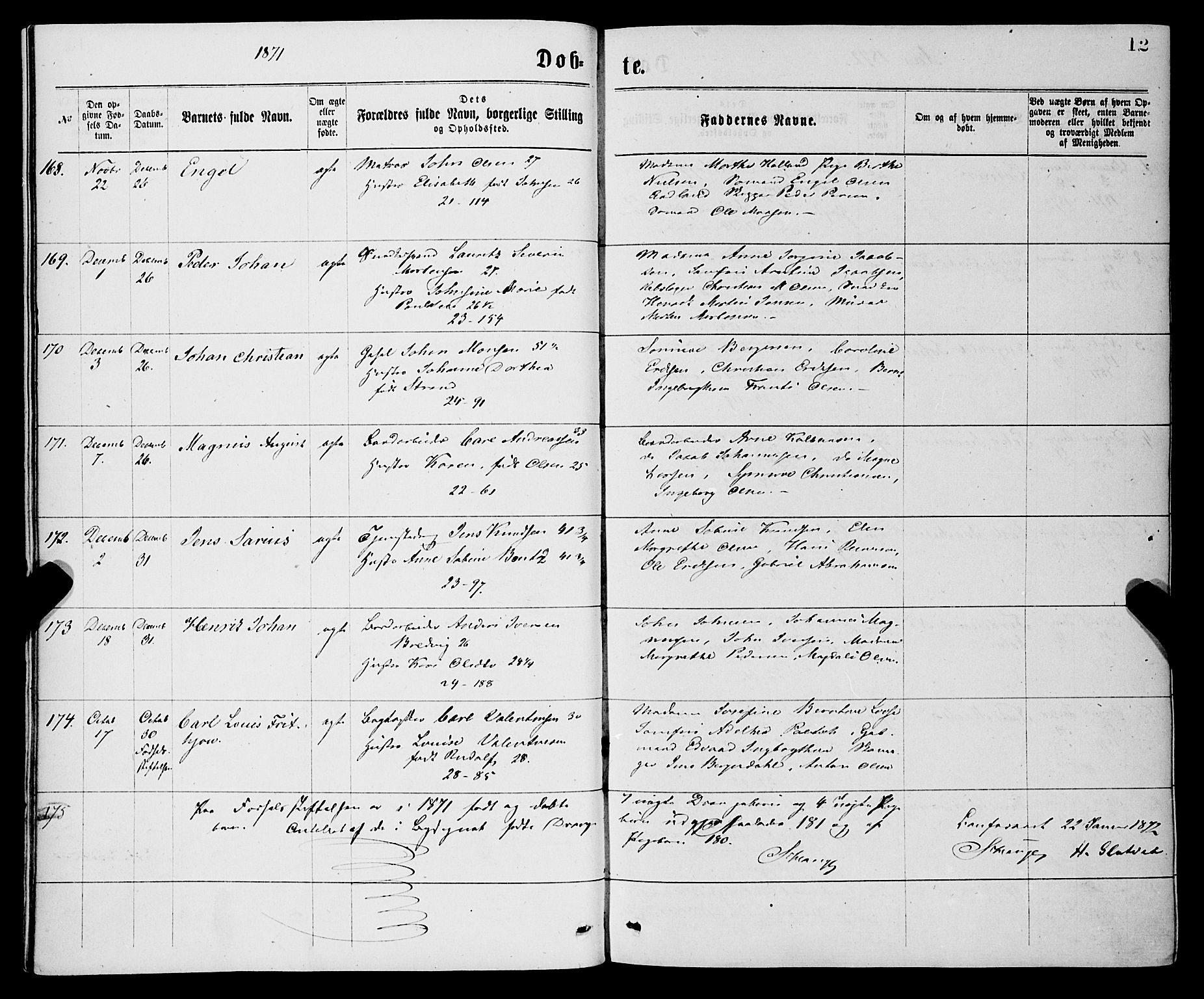 Korskirken sokneprestembete, SAB/A-76101/H/Haa/L0020: Parish register (official) no. B 6, 1871-1878, p. 12