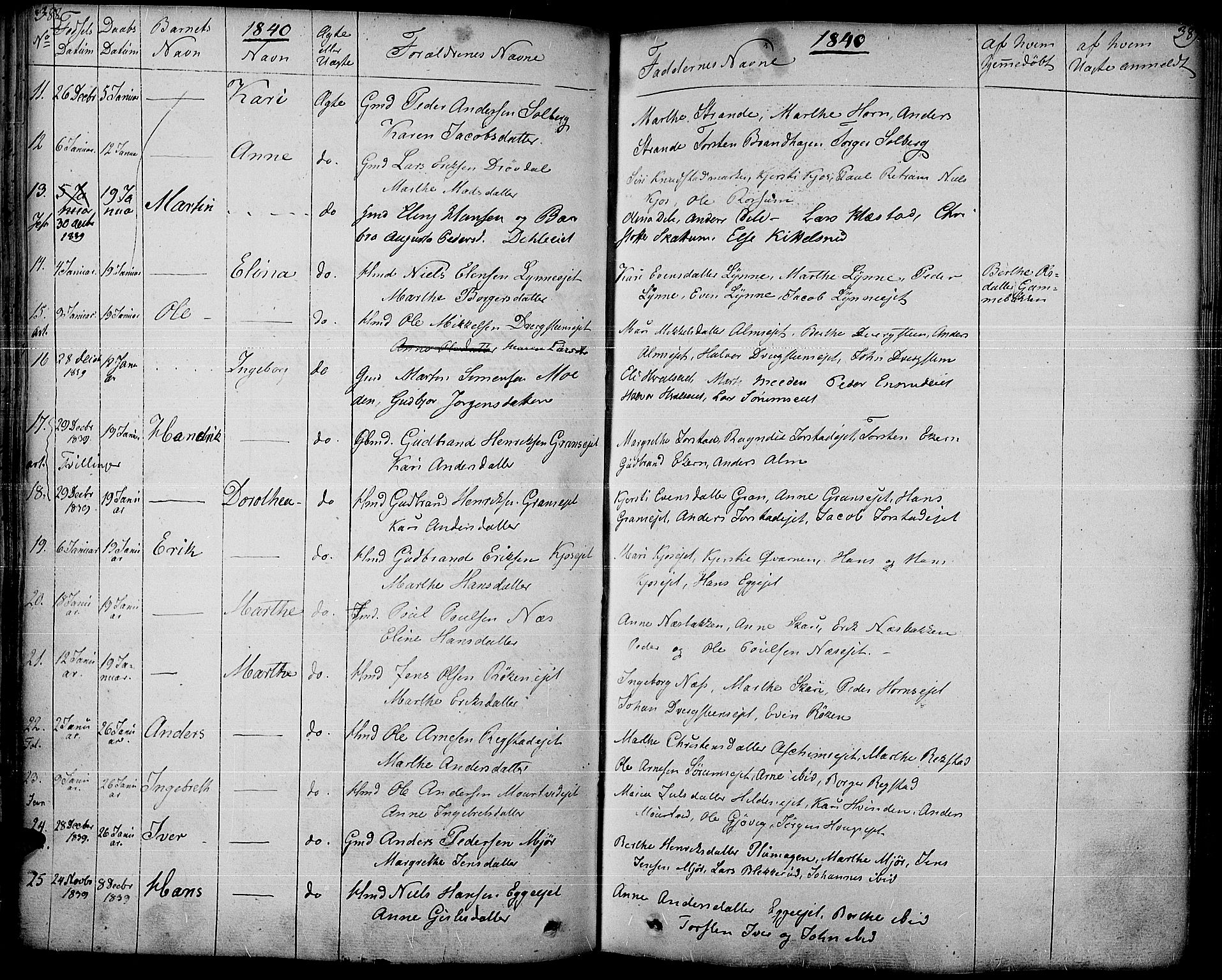 Gran prestekontor, SAH/PREST-112/H/Ha/Haa/L0010: Parish register (official) no. 10, 1824-1842, p. 388-389