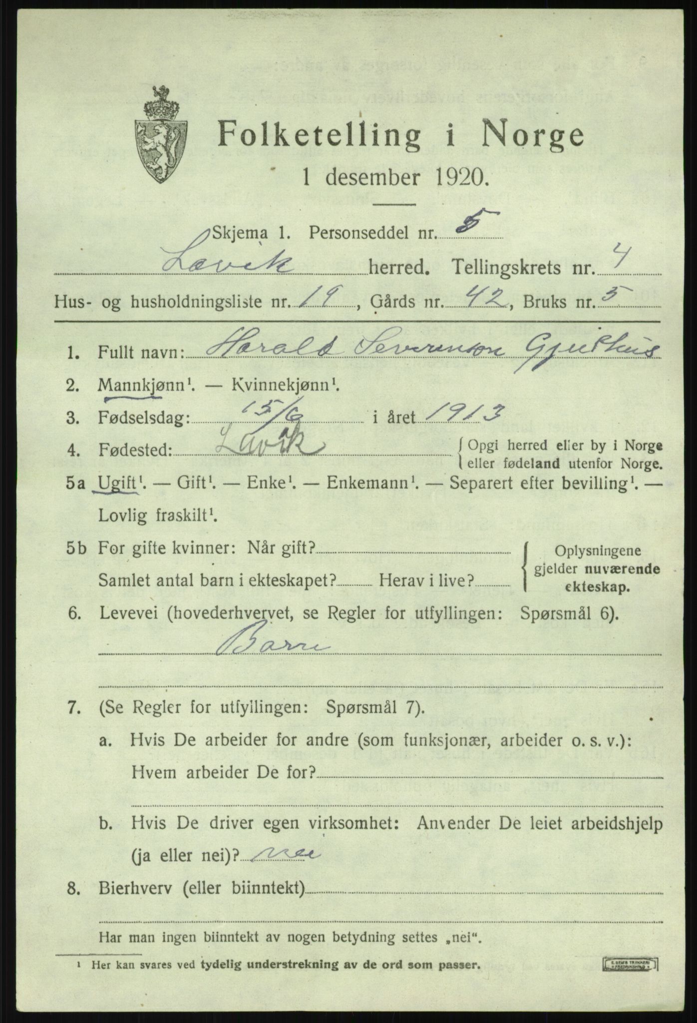 SAB, 1920 census for Lavik, 1920, p. 924