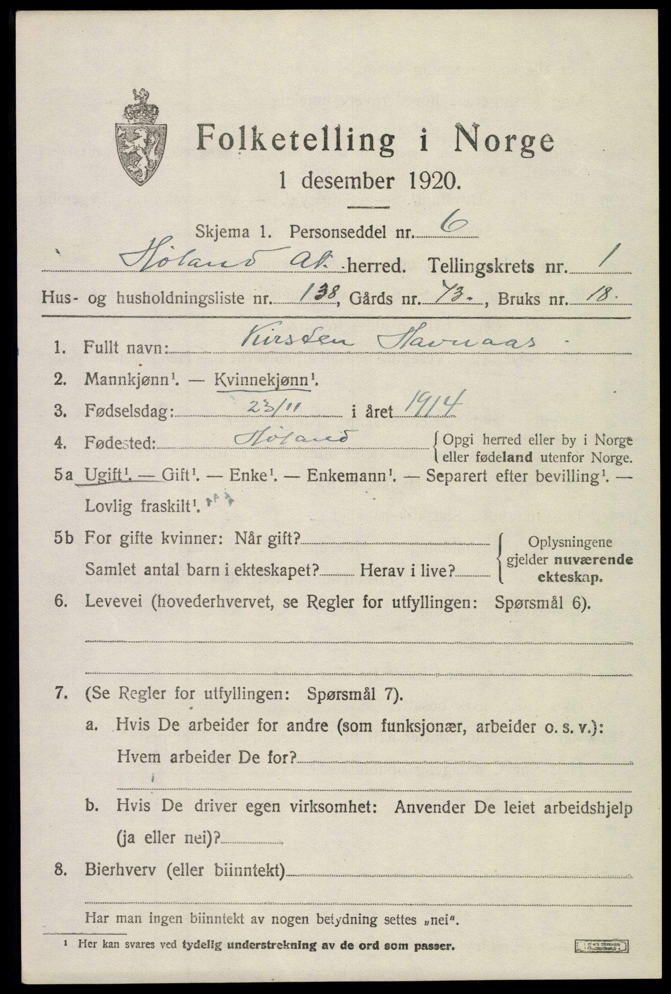 SAO, 1920 census for Høland, 1920, p. 3689