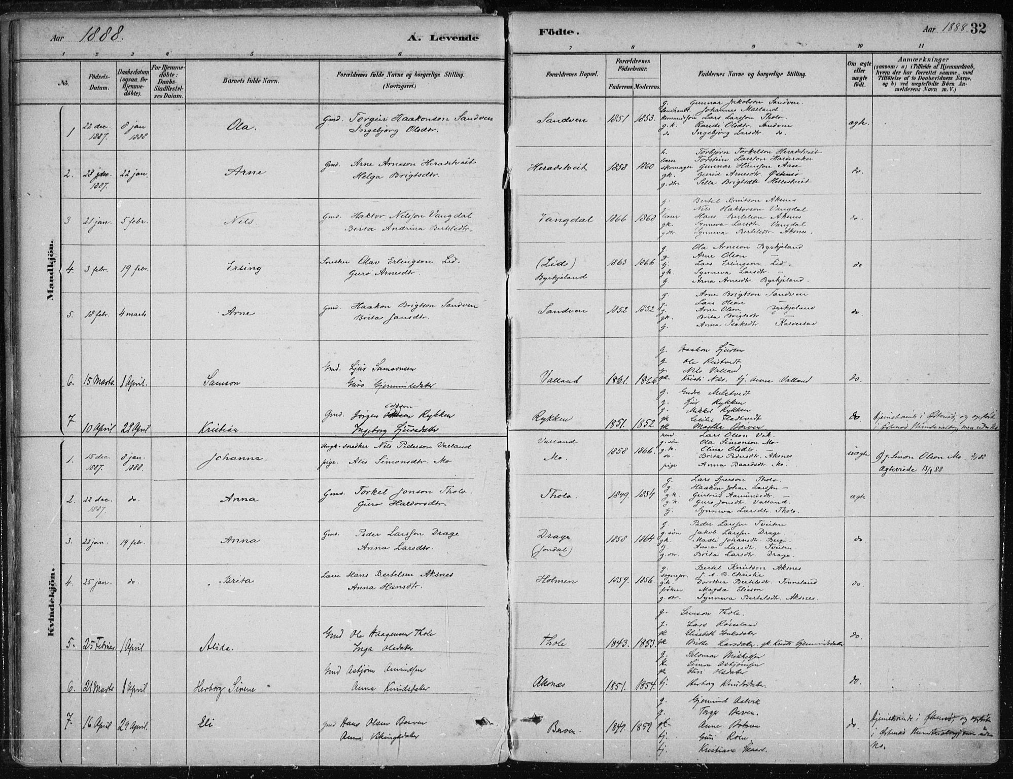 Kvam sokneprestembete, SAB/A-76201/H/Haa: Parish register (official) no. B  1, 1880-1908, p. 32
