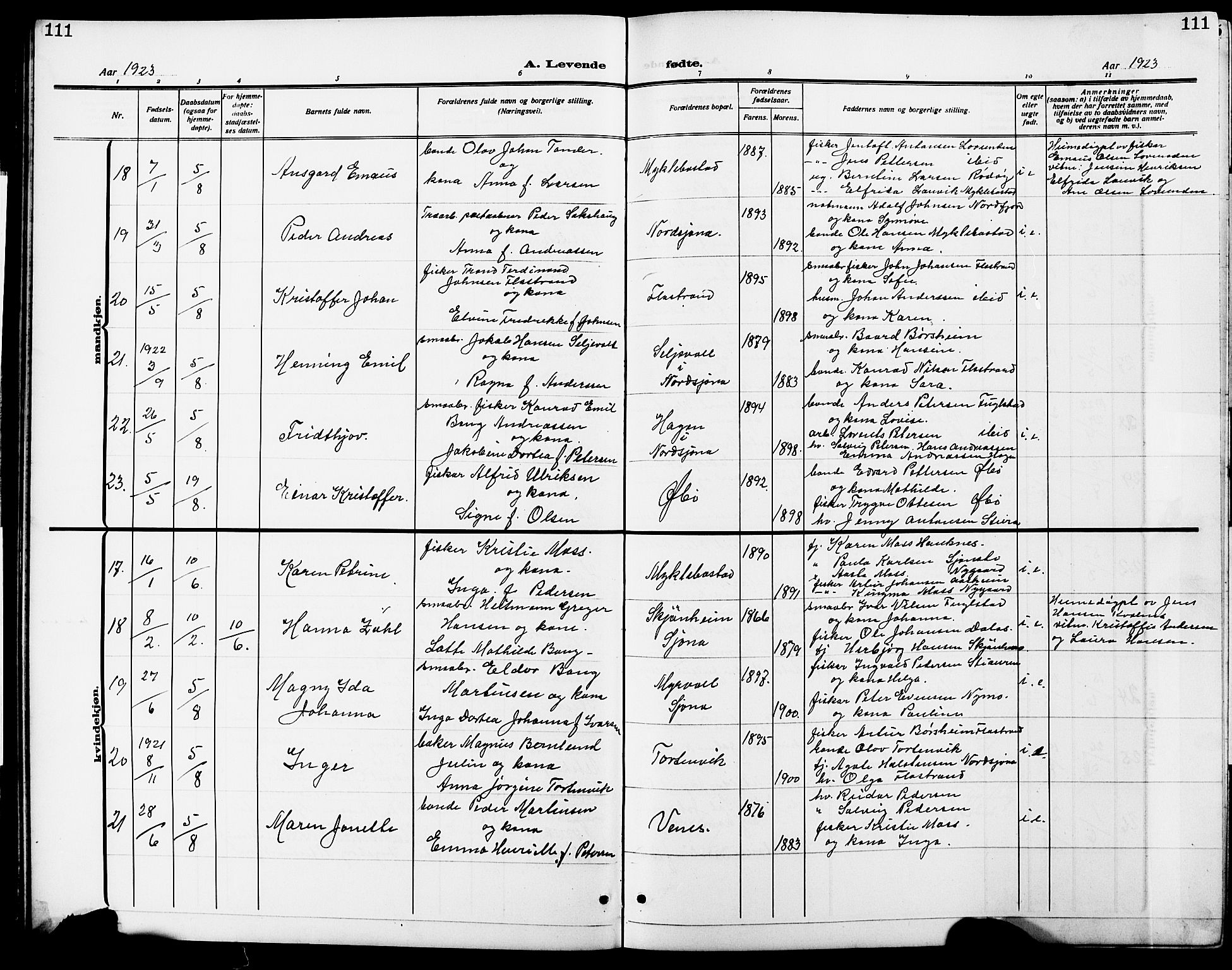 Ministerialprotokoller, klokkerbøker og fødselsregistre - Nordland, AV/SAT-A-1459/838/L0560: Parish register (copy) no. 838C07, 1910-1928, p. 111