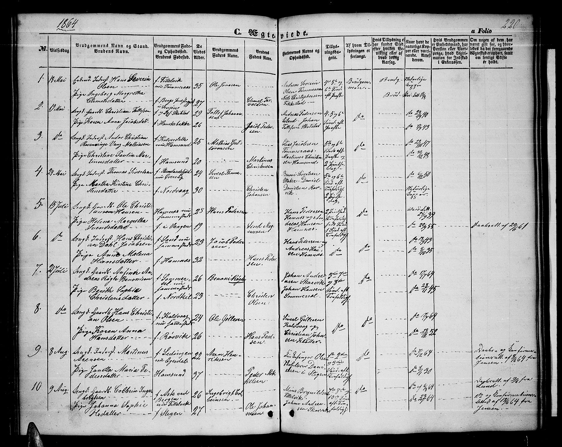 Ministerialprotokoller, klokkerbøker og fødselsregistre - Nordland, AV/SAT-A-1459/859/L0857: Parish register (copy) no. 859C03, 1854-1873, p. 220