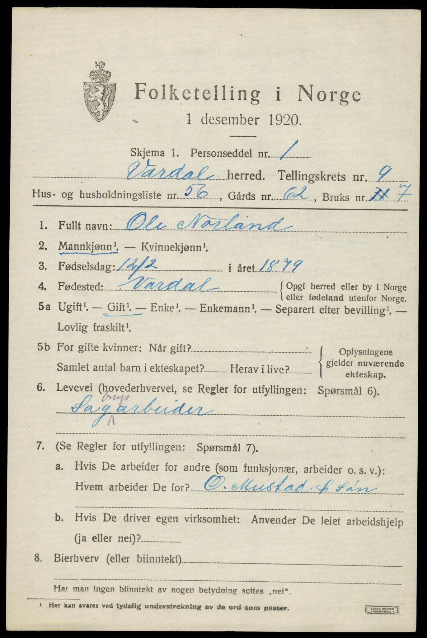 SAH, 1920 census for Vardal, 1920, p. 7453