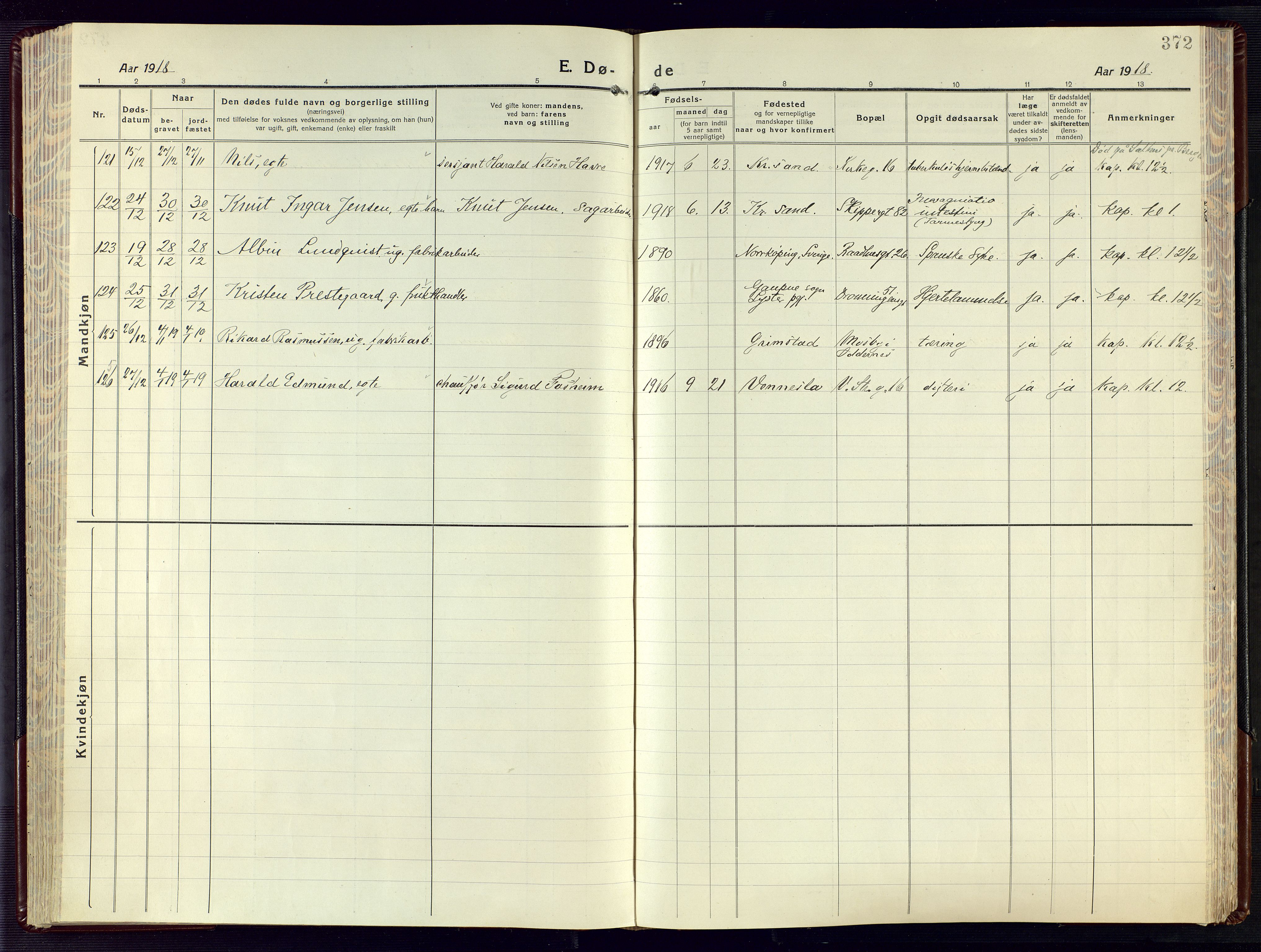 Kristiansand domprosti, SAK/1112-0006/F/Fa/L0028: Parish register (official) no. A 27, 1917-1926, p. 372